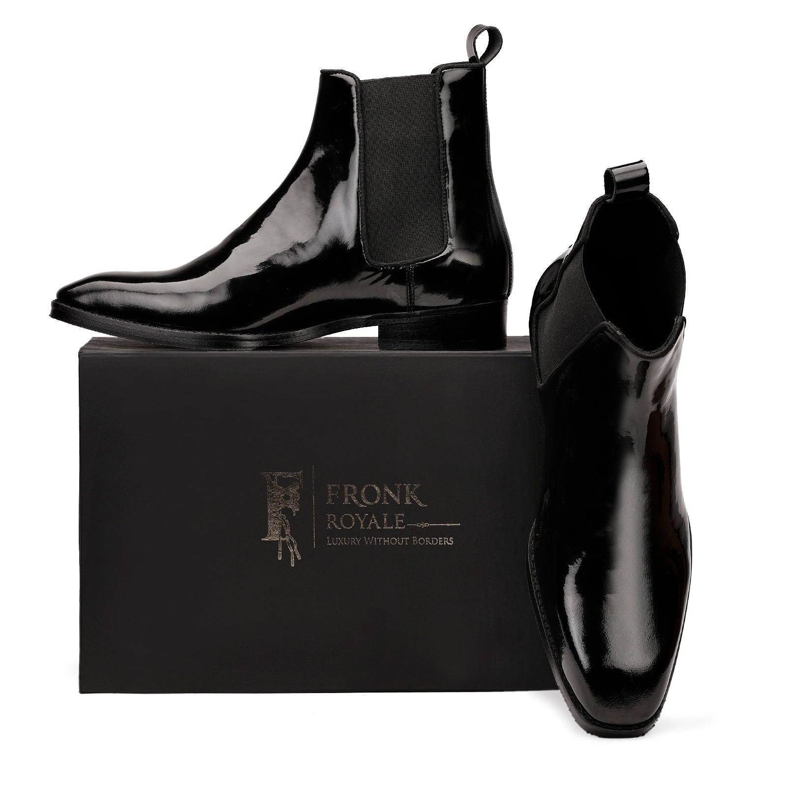 FRONK ROYALE Nantes Gloss Black Patent Chelsea Boots - Black handcrafted leather chelsea boots for men, view 7