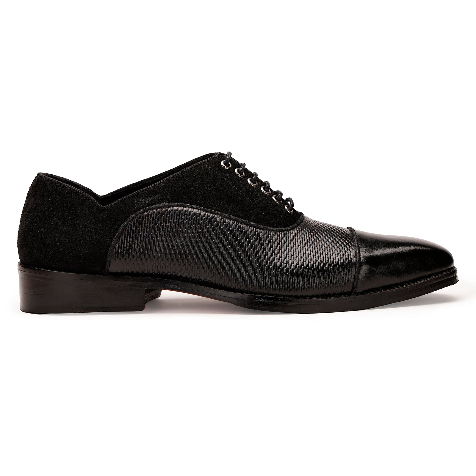FRONK ROYALE Midnight Texture Cap Toe Oxford Shoes - Black handcrafted leather oxford shoes for men, view 3