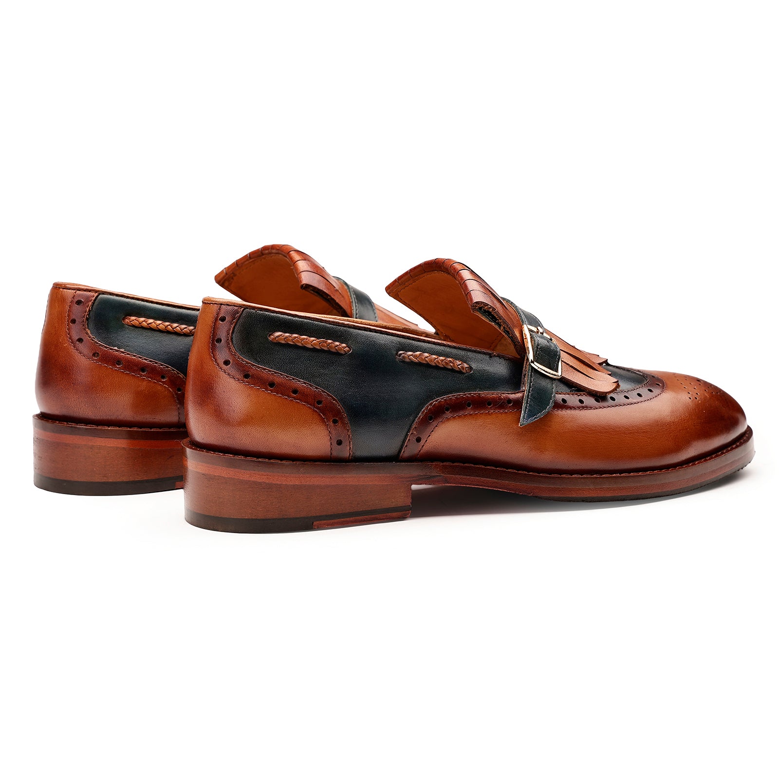 FRONK ROYALE Regent Wingtip Kiltie Strap Loafers - Tan Brown handcrafted leather loafers for men, view 2