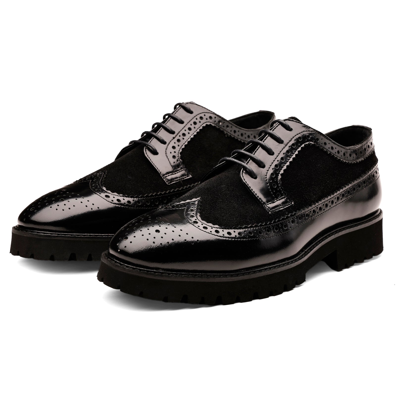 FRONK ROYALE Eclipse Suede Wingtip Black Derby Shoes - Black handcrafted leather derby shoes for men, view 1