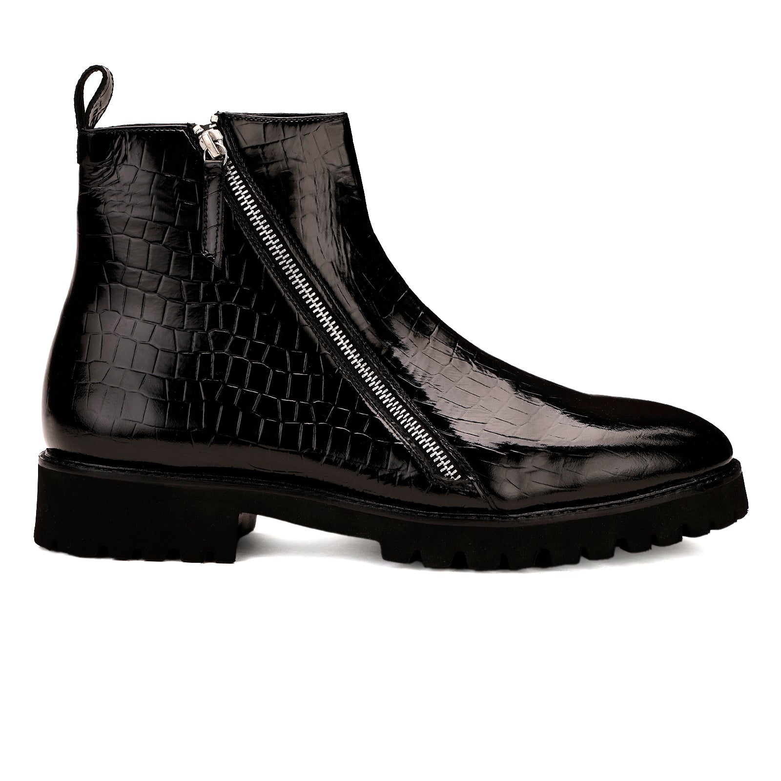 FRONK ROYALE Eclipse Venom Black Croc Zip Boots - Black handcrafted leather zipper boots for men, view 3