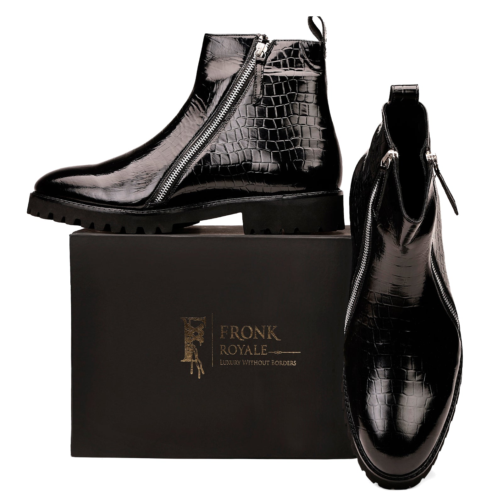 FRONK ROYALE Eclipse Venom Black Croc Zip Boots - Black handcrafted leather zipper boots for men, view 7