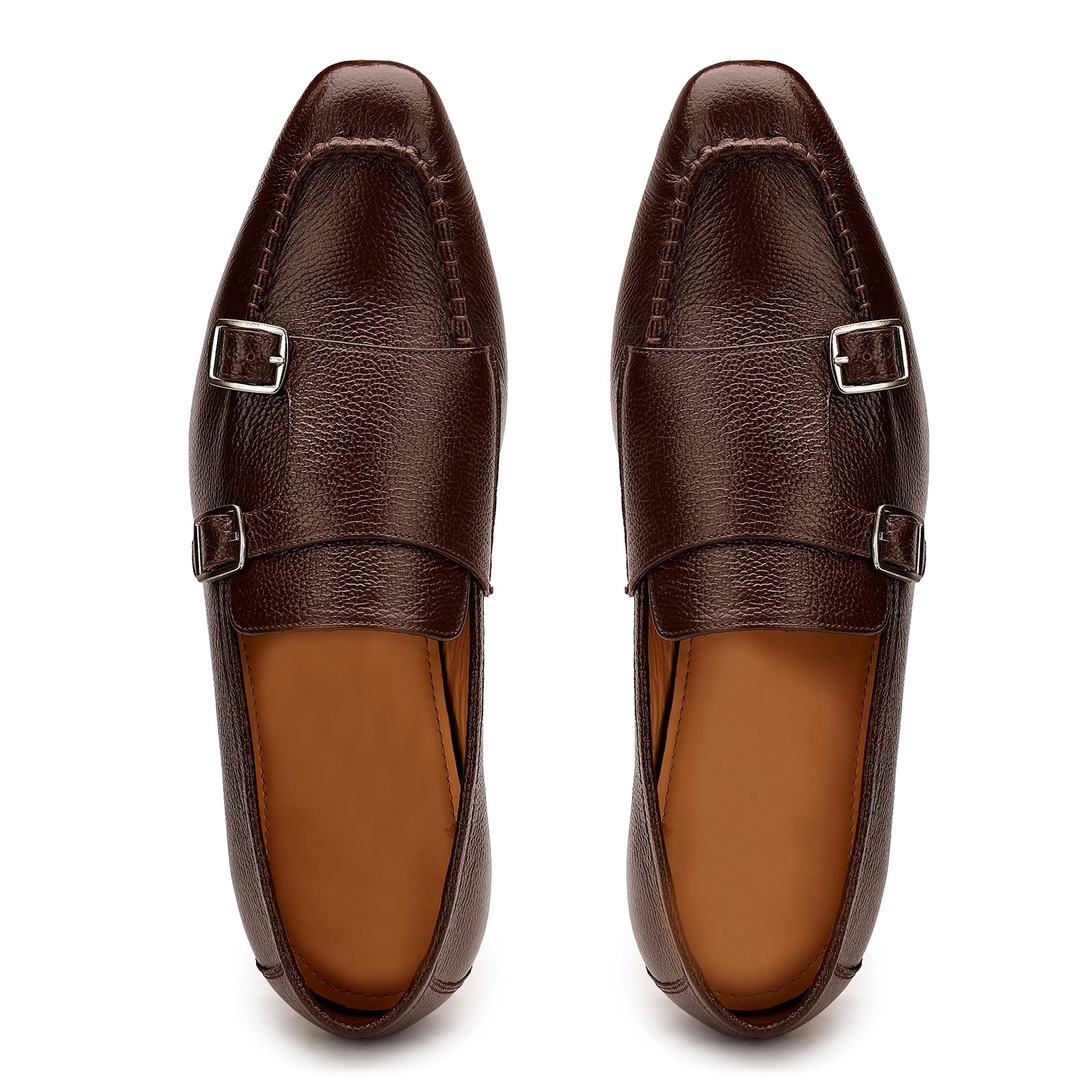 FRONK ROYALE Brown Double Monk Strap Shoes in Milled Leather - Brown handcrafted leather monk strap shoes for men, view 4
