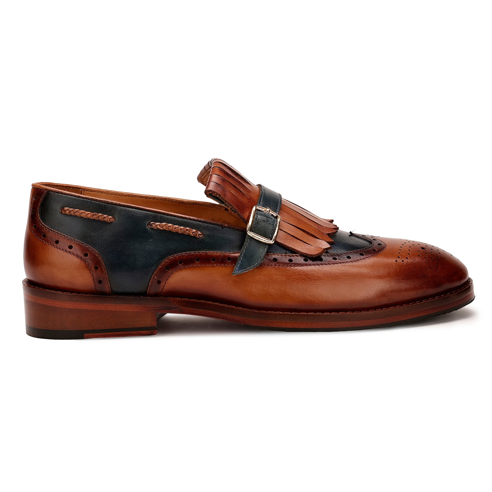 FRONK ROYALE Regent Wingtip Kiltie Strap Loafers - Tan Brown handcrafted leather loafers for men, view 3