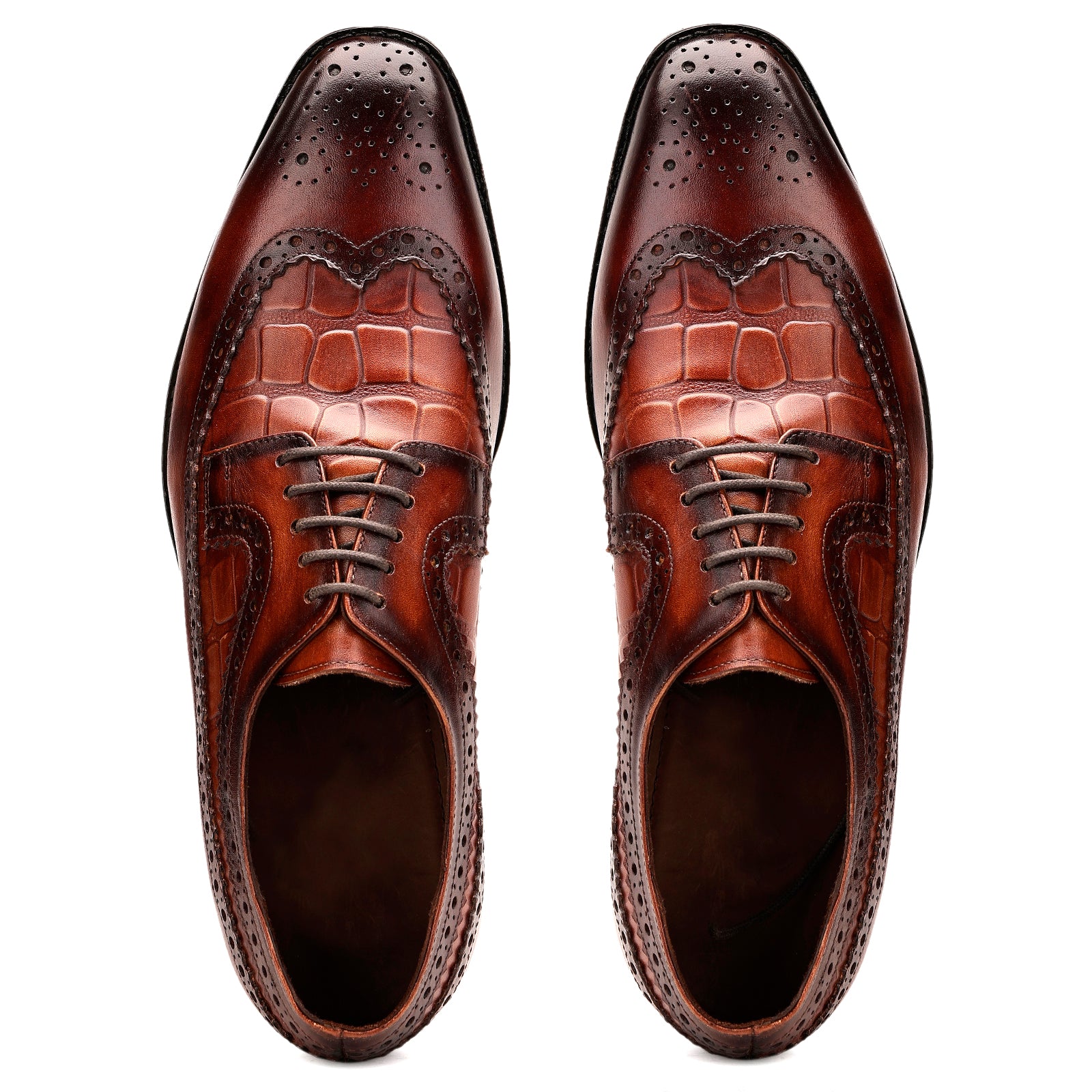 FRONK ROYALE Burnished Croc Wingtip Brown Derby Shoes - Burnished Brown handcrafted leather derby shoes for men, view 4