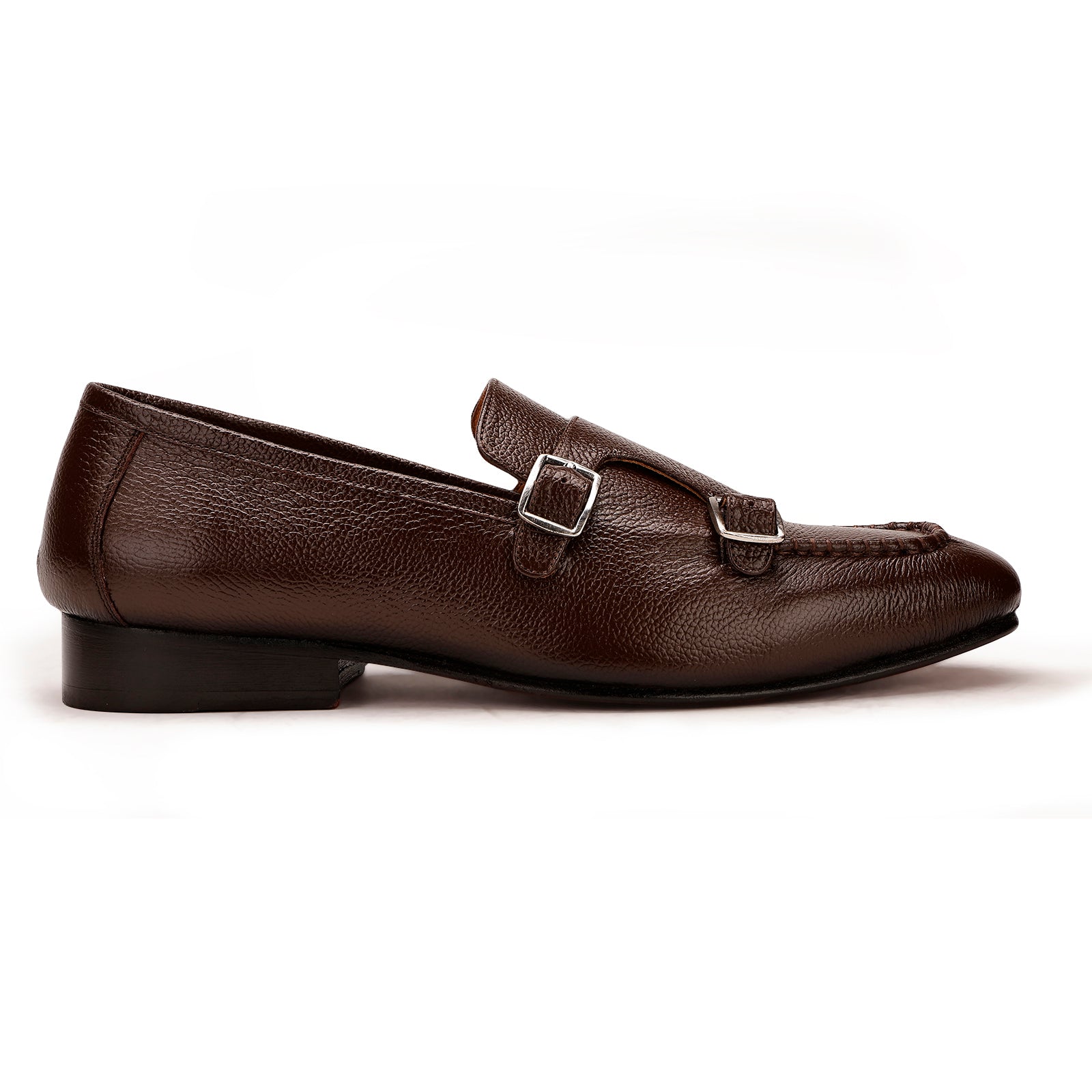 FRONK ROYALE Brown Double Monk Strap Shoes in Milled Leather - Brown handcrafted leather monk strap shoes for men, view 3