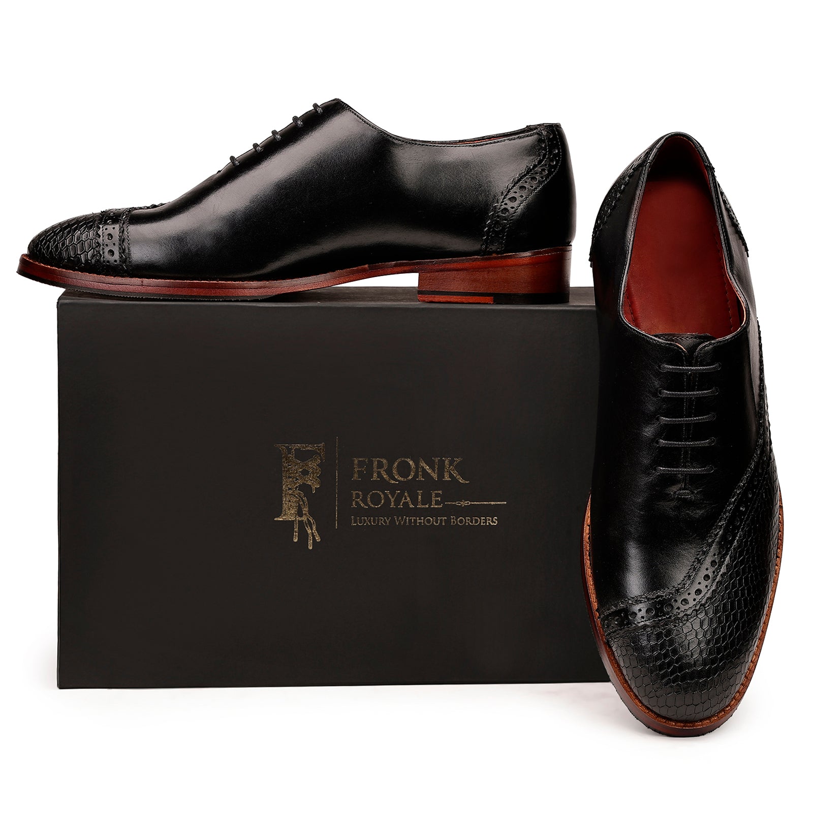 FRONK ROYALE Noir Serpent Wingtip Oxford Shoes - Black handcrafted leather oxford shoes for men, view 7