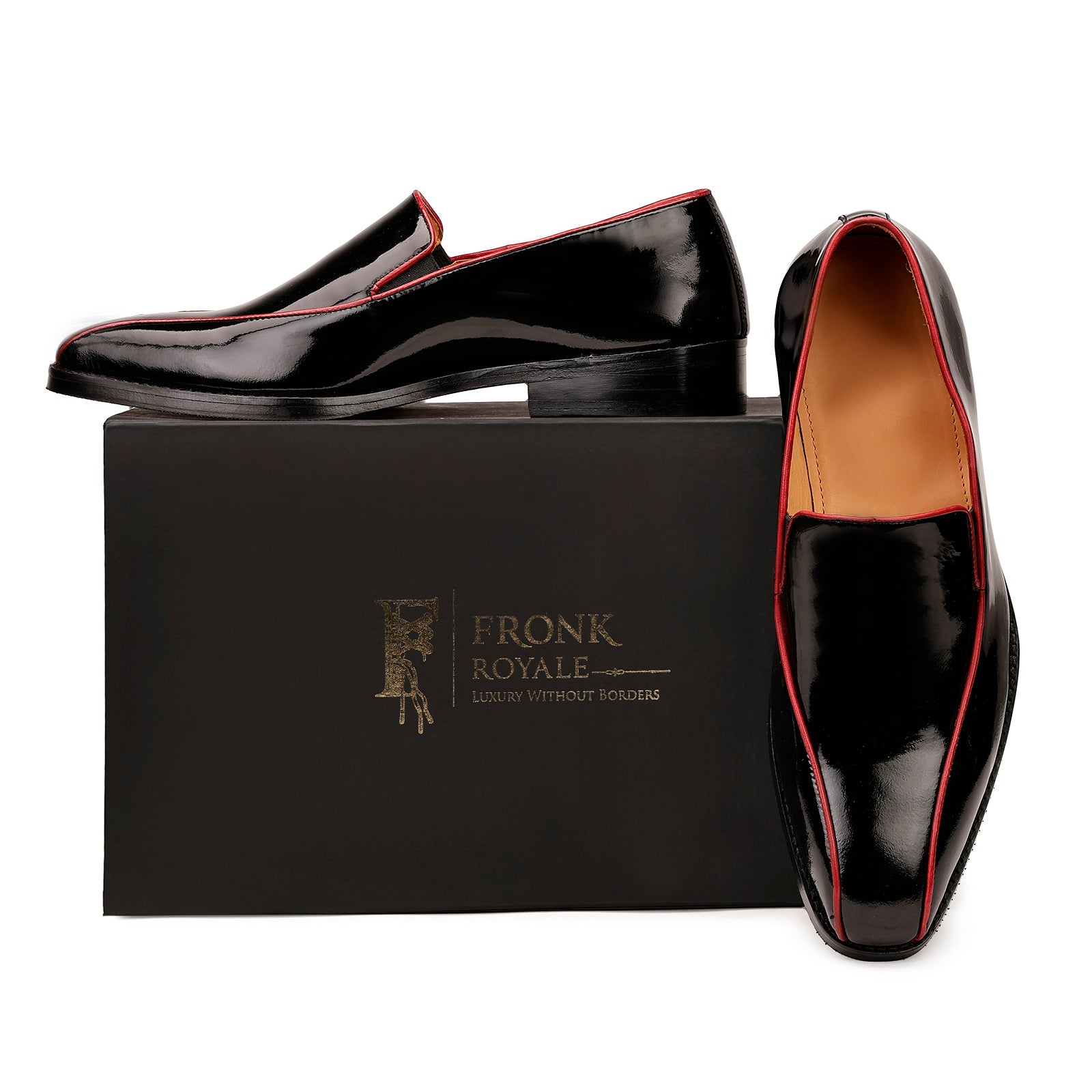 FRONK ROYALE Crimson Edge Black Patent Slip-On Shoes - Black handcrafted leather slip-on shoes for men, view 7
