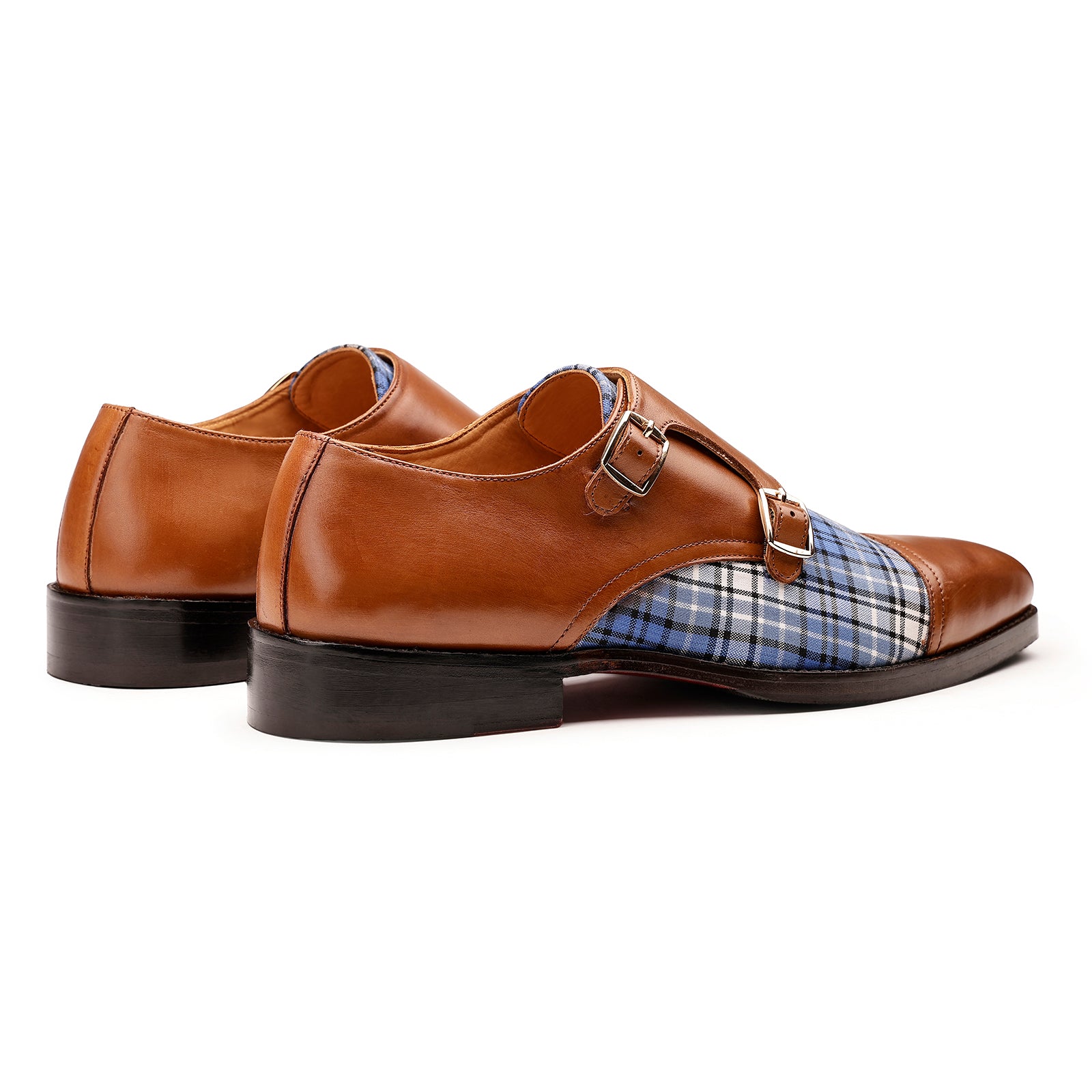 FRONK ROYALE Heritage Check Brown Double Monk Strap Shoes - Brown handcrafted leather monk strap shoes for men, view 2