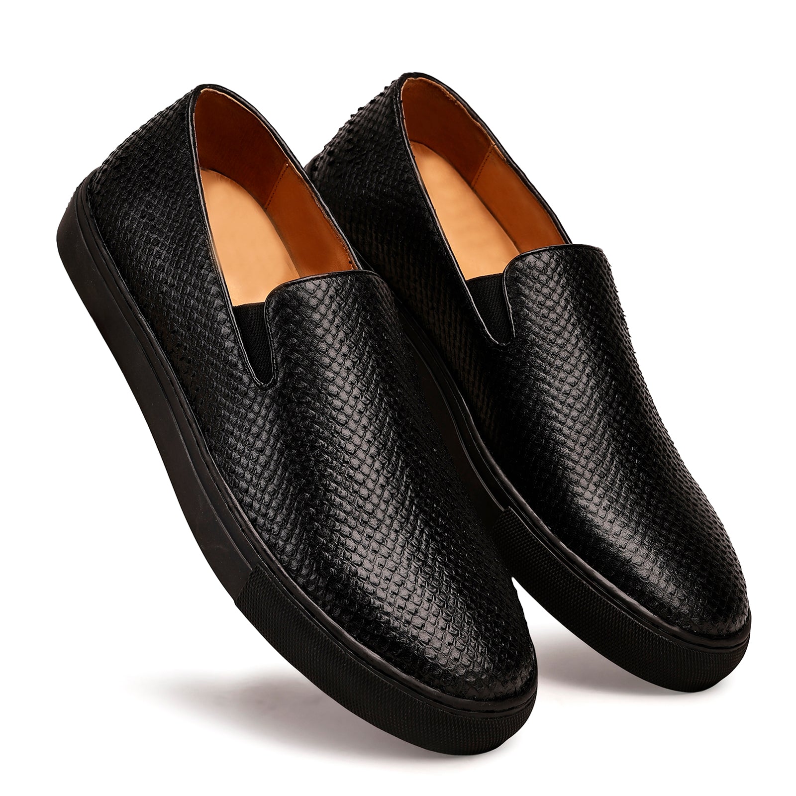 FRONK ROYALE Black Woven Slip-On Shoes with Sneaker Sole - Black handcrafted leather slip-on shoes for men, view 6