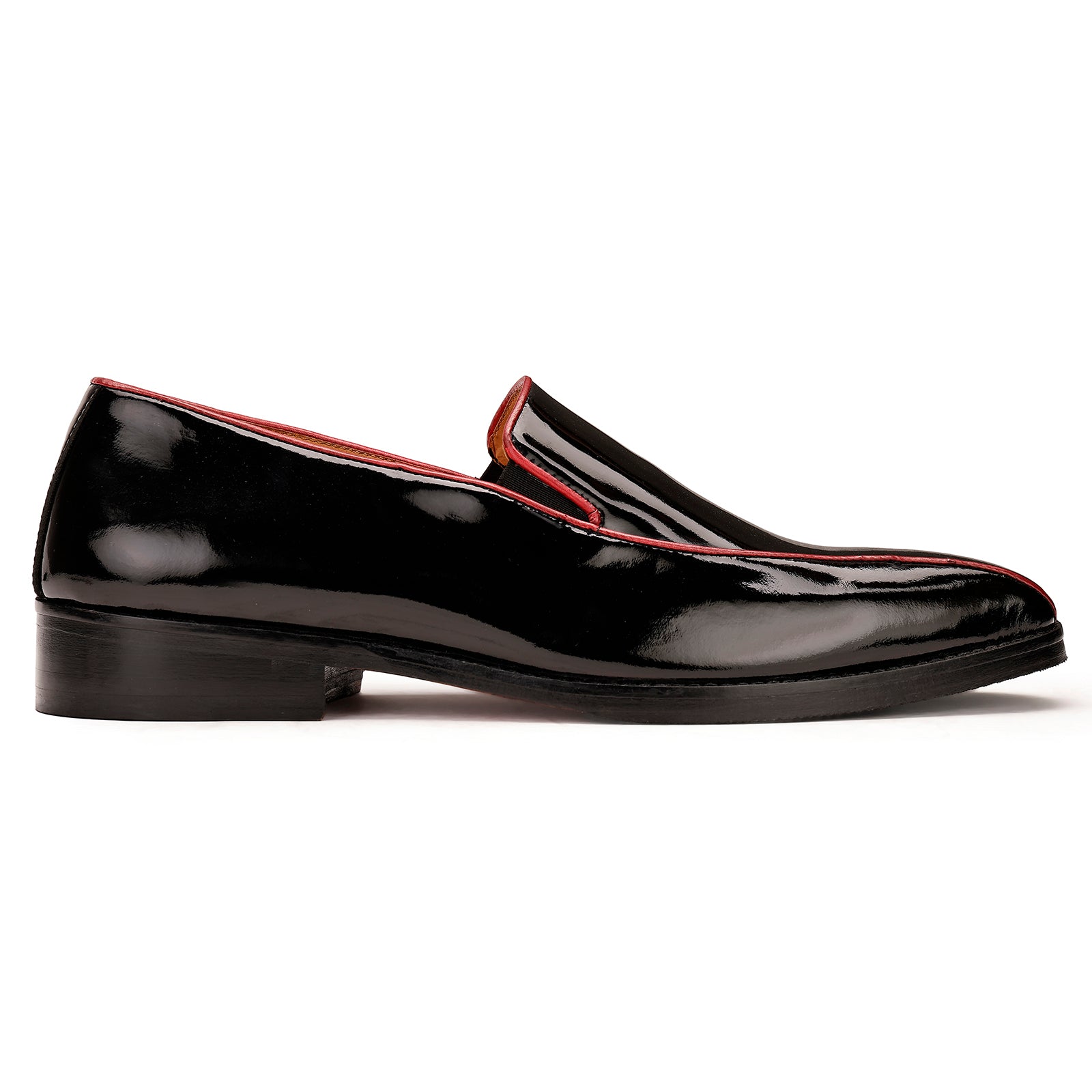 FRONK ROYALE Crimson Edge Black Patent Slip-On Shoes - Black handcrafted leather slip-on shoes for men, view 3
