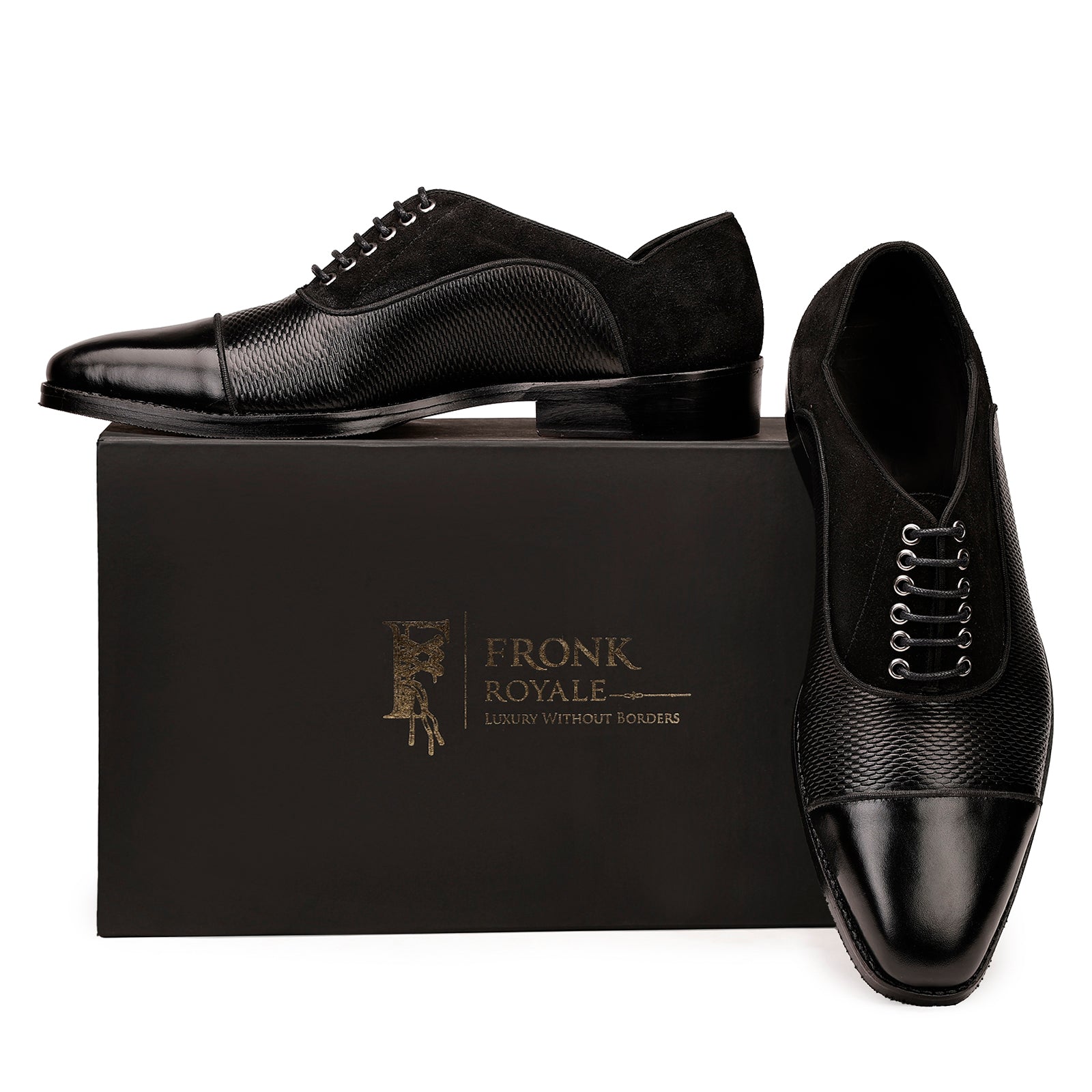 FRONK ROYALE Midnight Texture Cap Toe Oxford Shoes - Black handcrafted leather oxford shoes for men, view 7