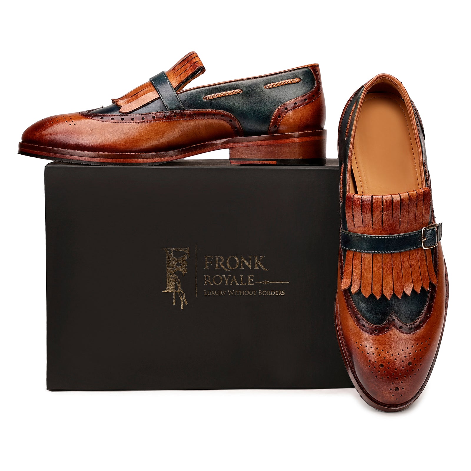 FRONK ROYALE Regent Wingtip Kiltie Strap Loafers - Tan Brown handcrafted leather loafers for men, view 7