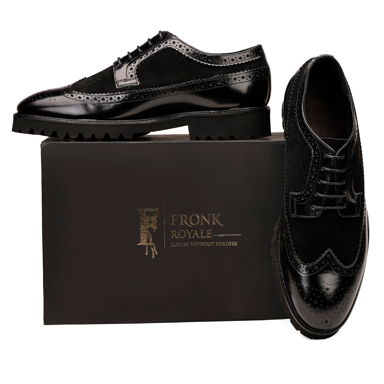FRONK ROYALE Eclipse Suede Wingtip Black Derby Shoes - Black handcrafted leather derby shoes for men, view 7