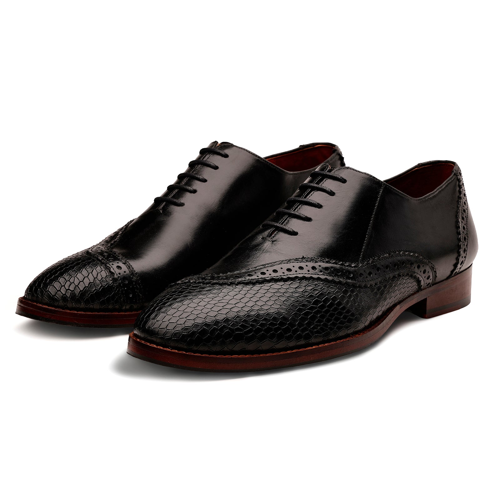 FRONK ROYALE Noir Serpent Wingtip Oxford Shoes - Black handcrafted leather oxford shoes for men, view 1