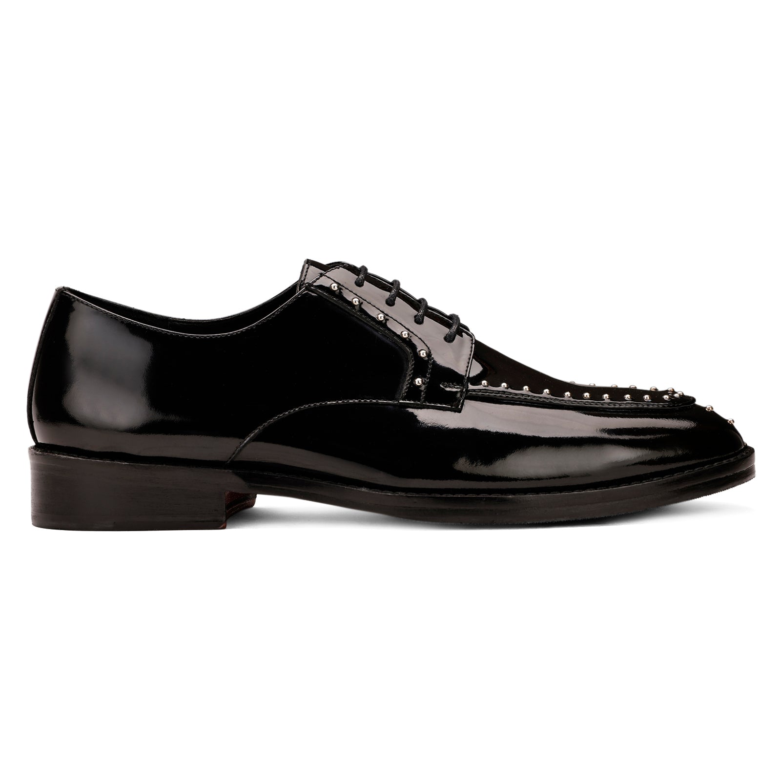 FRONK ROYALE Midnight Ember Stud Black Patent Derby Shoes - Black handcrafted leather derby shoes for men, view 3
