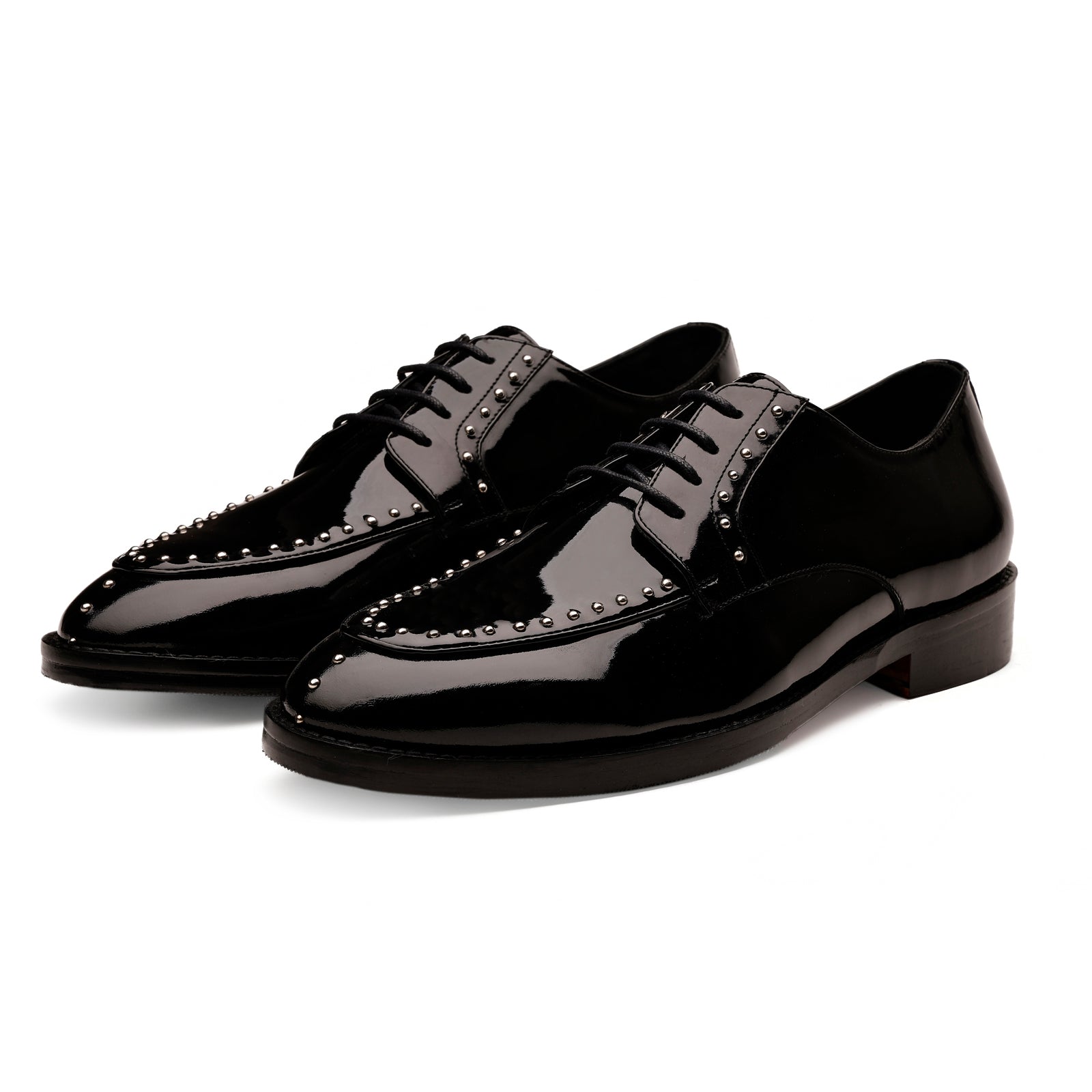 FRONK ROYALE Midnight Ember Stud Black Patent Derby Shoes - Black handcrafted leather derby shoes for men, view 1