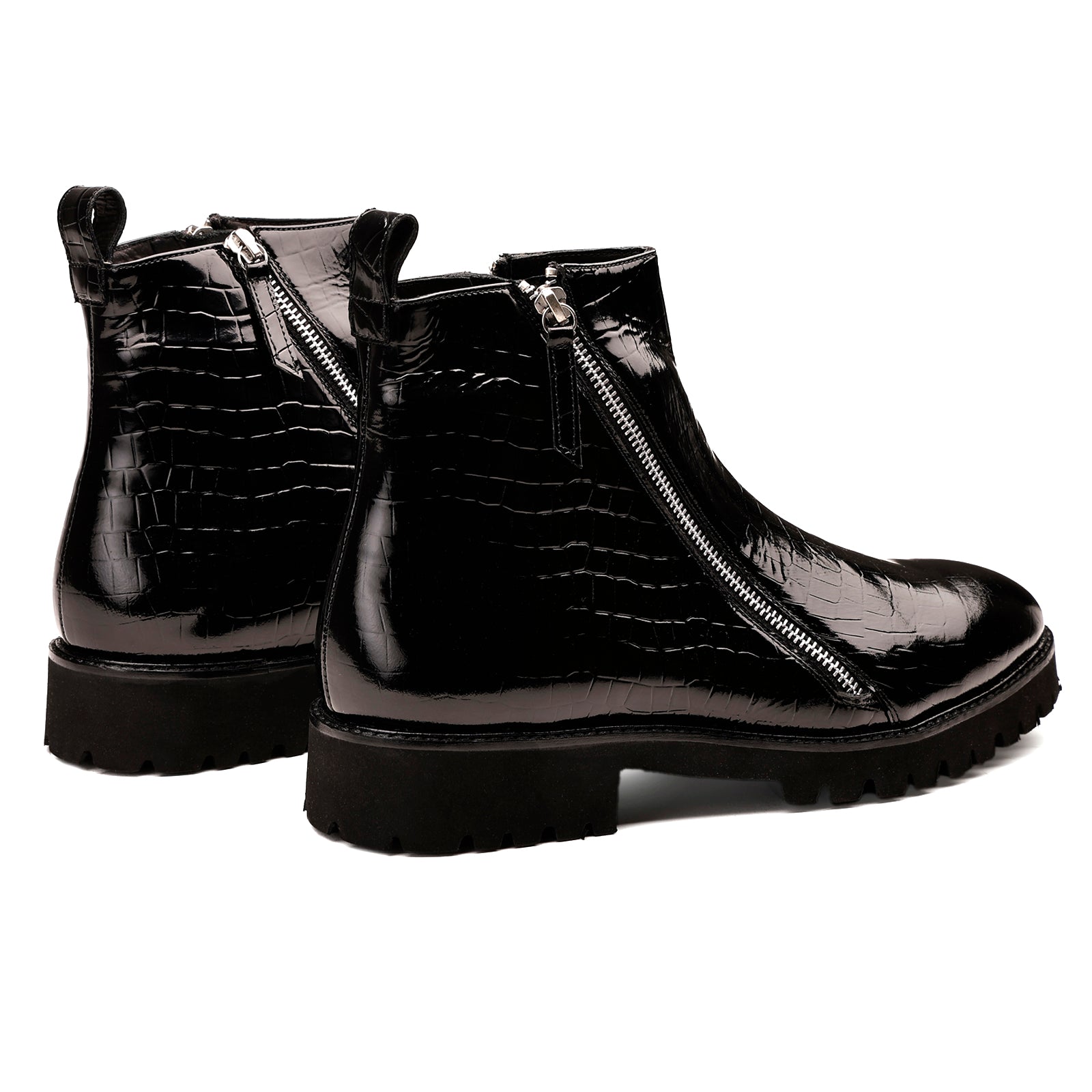 FRONK ROYALE Eclipse Venom Black Croc Zip Boots - Black handcrafted leather zipper boots for men, view 2