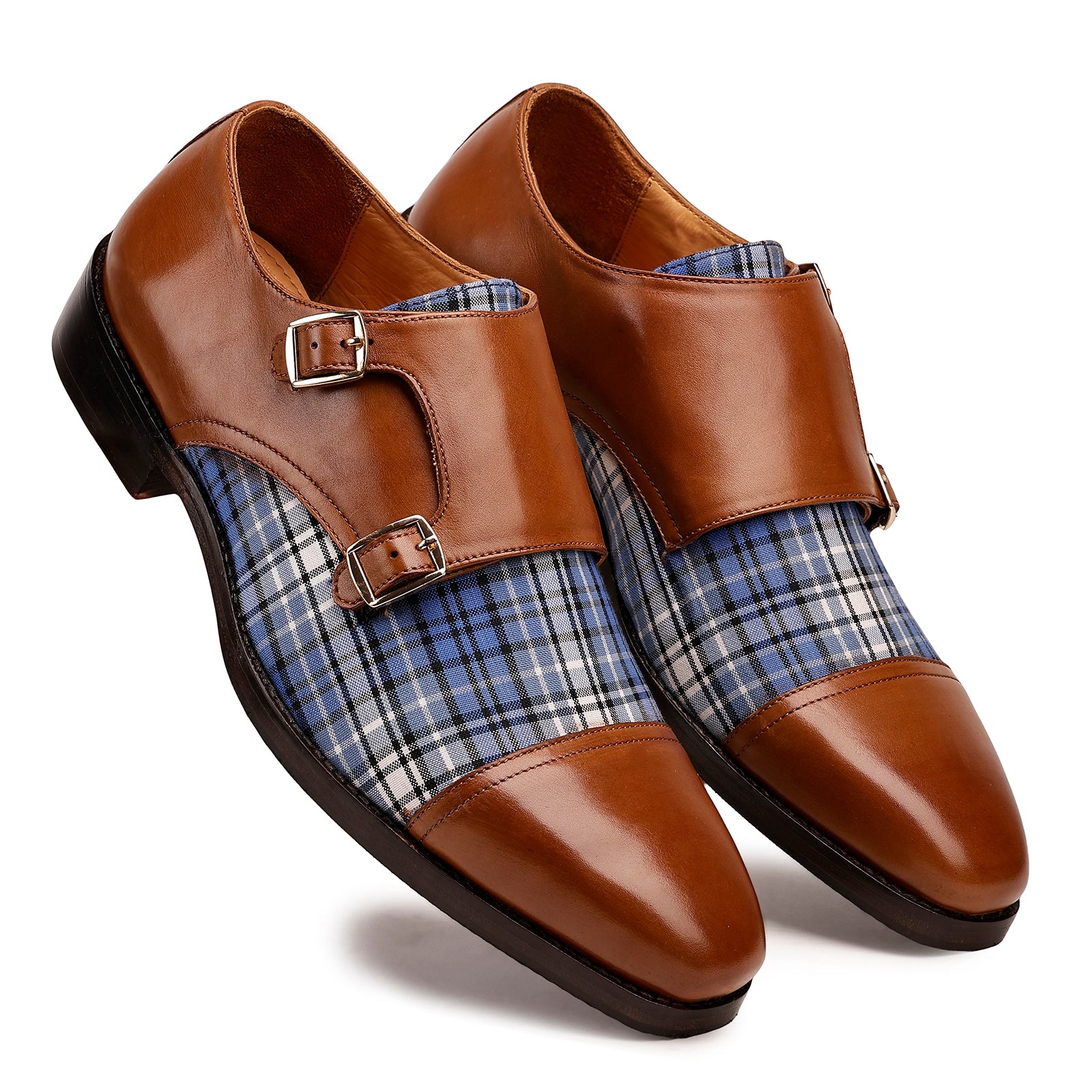 FRONK ROYALE Heritage Check Brown Double Monk Strap Shoes - Brown handcrafted leather monk strap shoes for men, view 6