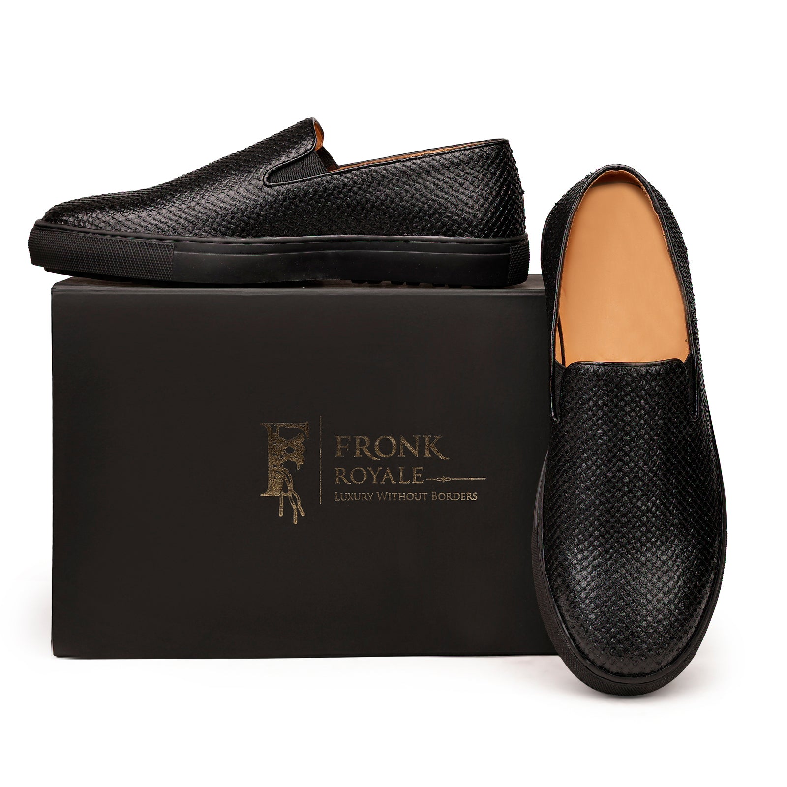 FRONK ROYALE Black Woven Slip-On Shoes with Sneaker Sole - Black handcrafted leather slip-on shoes for men, view 7