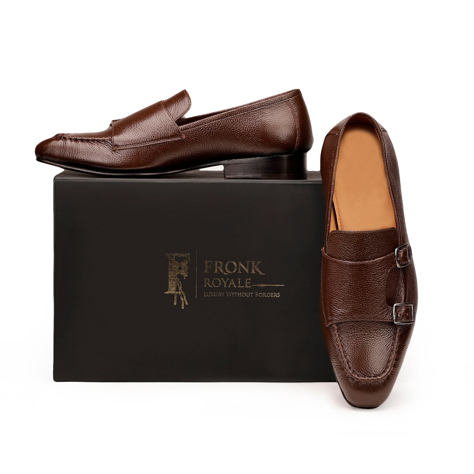 FRONK ROYALE Brown Double Monk Strap Shoes in Milled Leather - Brown handcrafted leather monk strap shoes for men, view 7