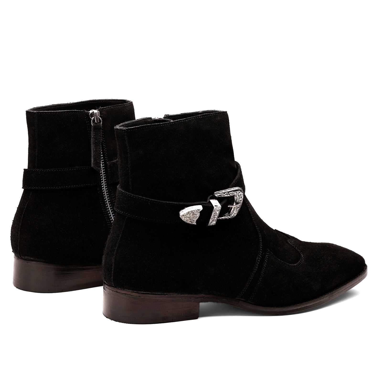 FRONK ROYALE Nocturne Buckle Black Suede Zipper Boots - Black handcrafted leather zipper boots for men, view 2