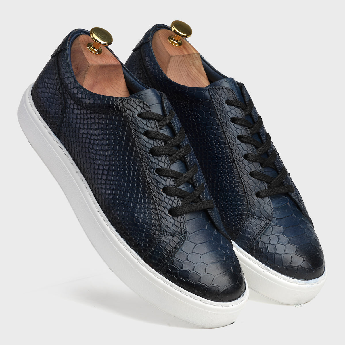 Midnight Blue Snake-Pattern Patina Sneakers