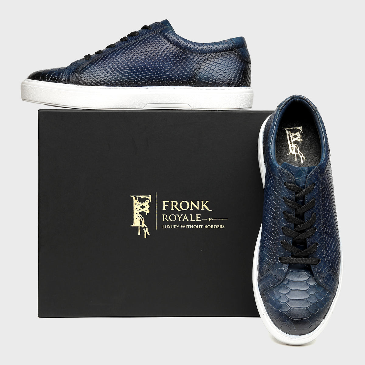 Midnight Blue Snake-Pattern Patina Sneakers