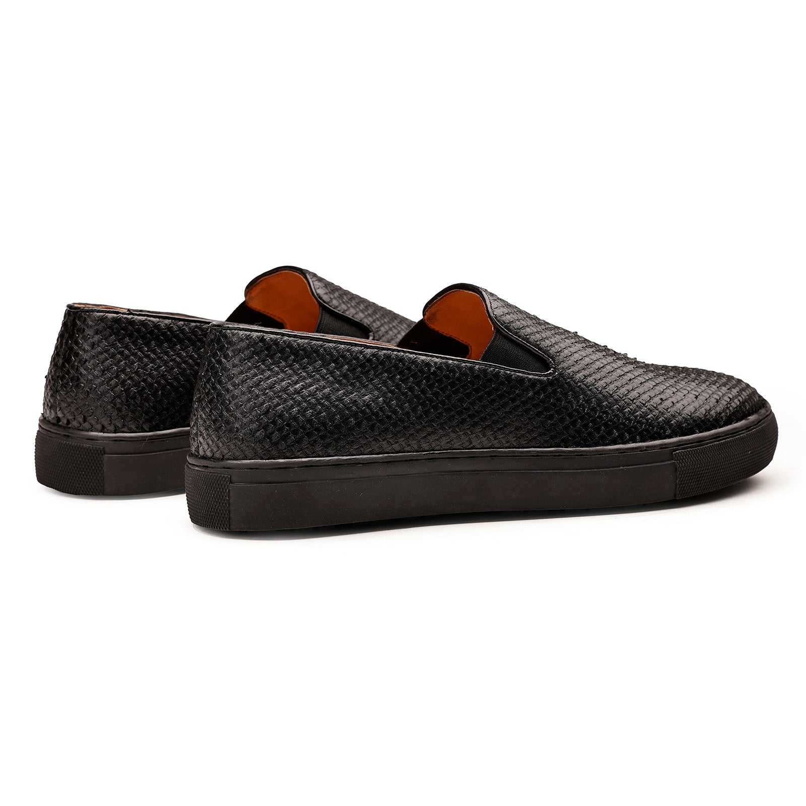 FRONK ROYALE Black Woven Slip-On Shoes with Sneaker Sole - Black handcrafted leather slip-on shoes for men, view 2
