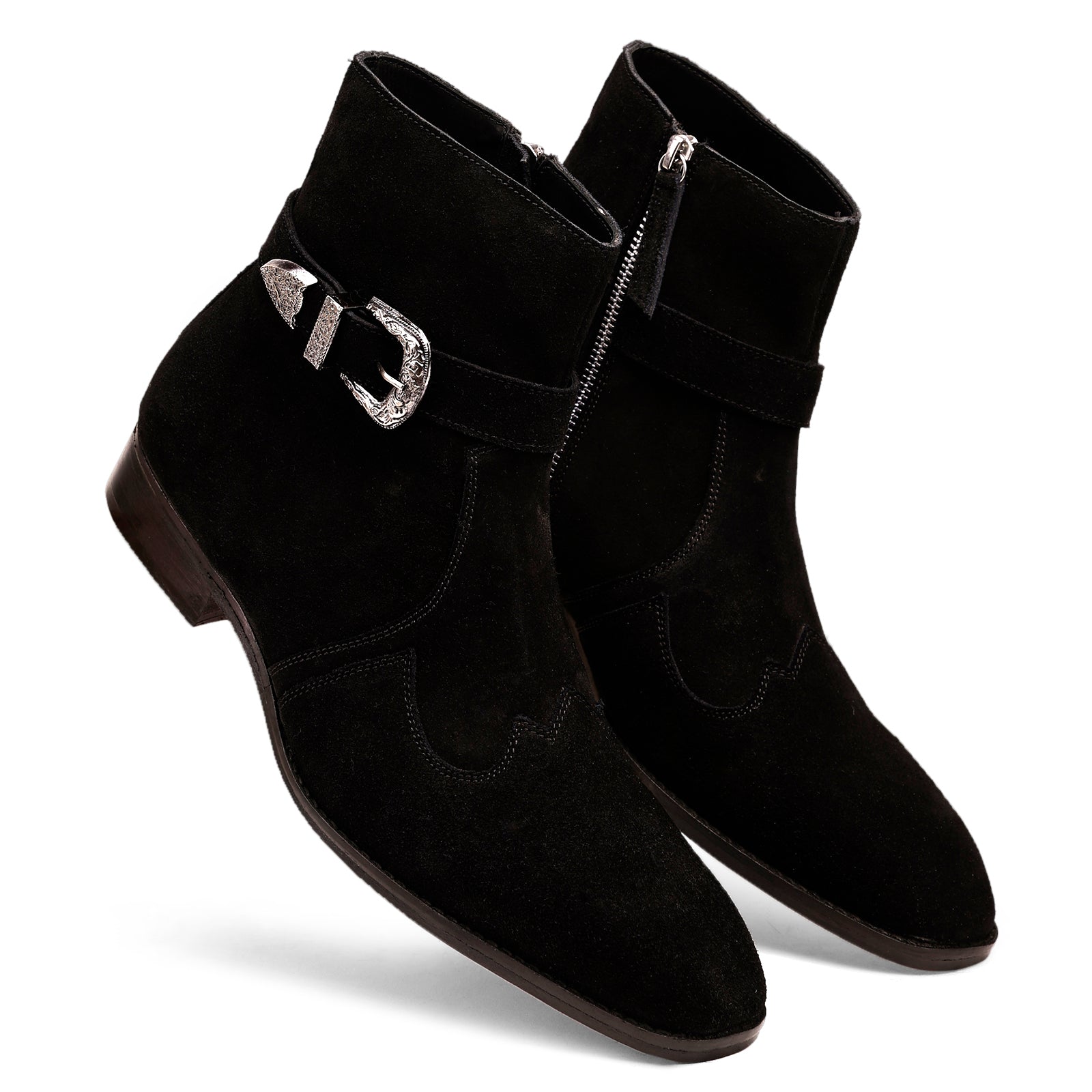 FRONK ROYALE Nocturne Buckle Black Suede Zipper Boots - Black handcrafted leather zipper boots for men, view 6