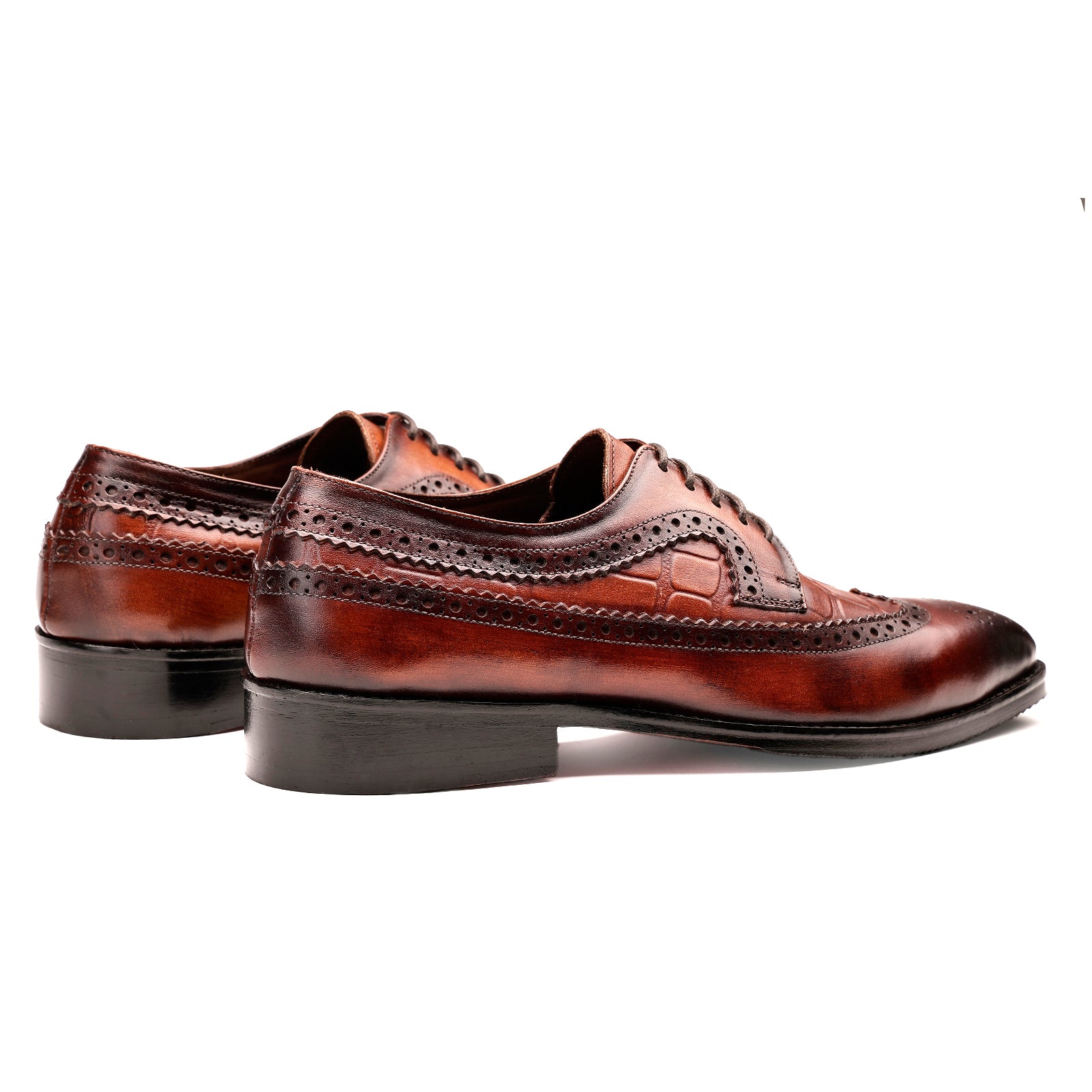 FRONK ROYALE Burnished Croc Wingtip Brown Derby Shoes - Burnished Brown handcrafted leather derby shoes for men, view 2