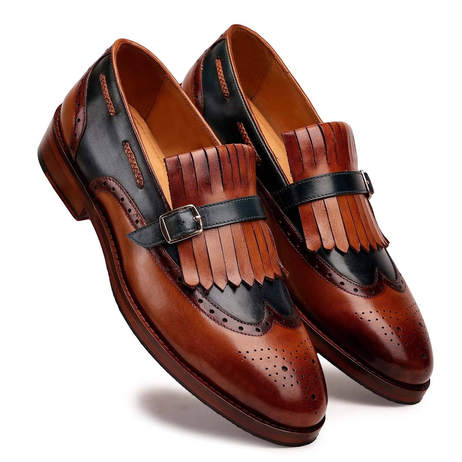 FRONK ROYALE Regent Wingtip Kiltie Strap Loafers - Tan Brown handcrafted leather loafers for men, view 6