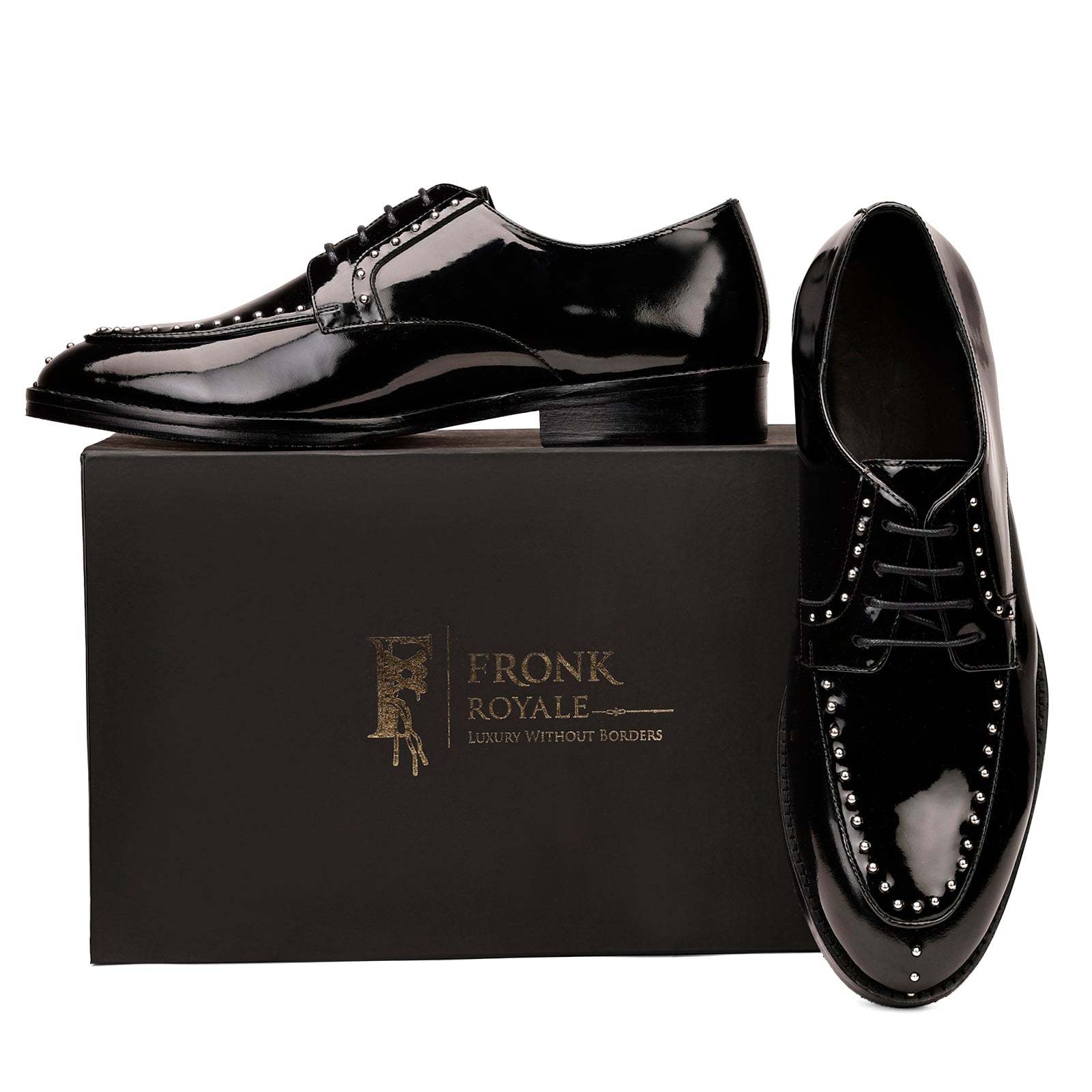 FRONK ROYALE Midnight Ember Stud Black Patent Derby Shoes - Black handcrafted leather derby shoes for men, view 7