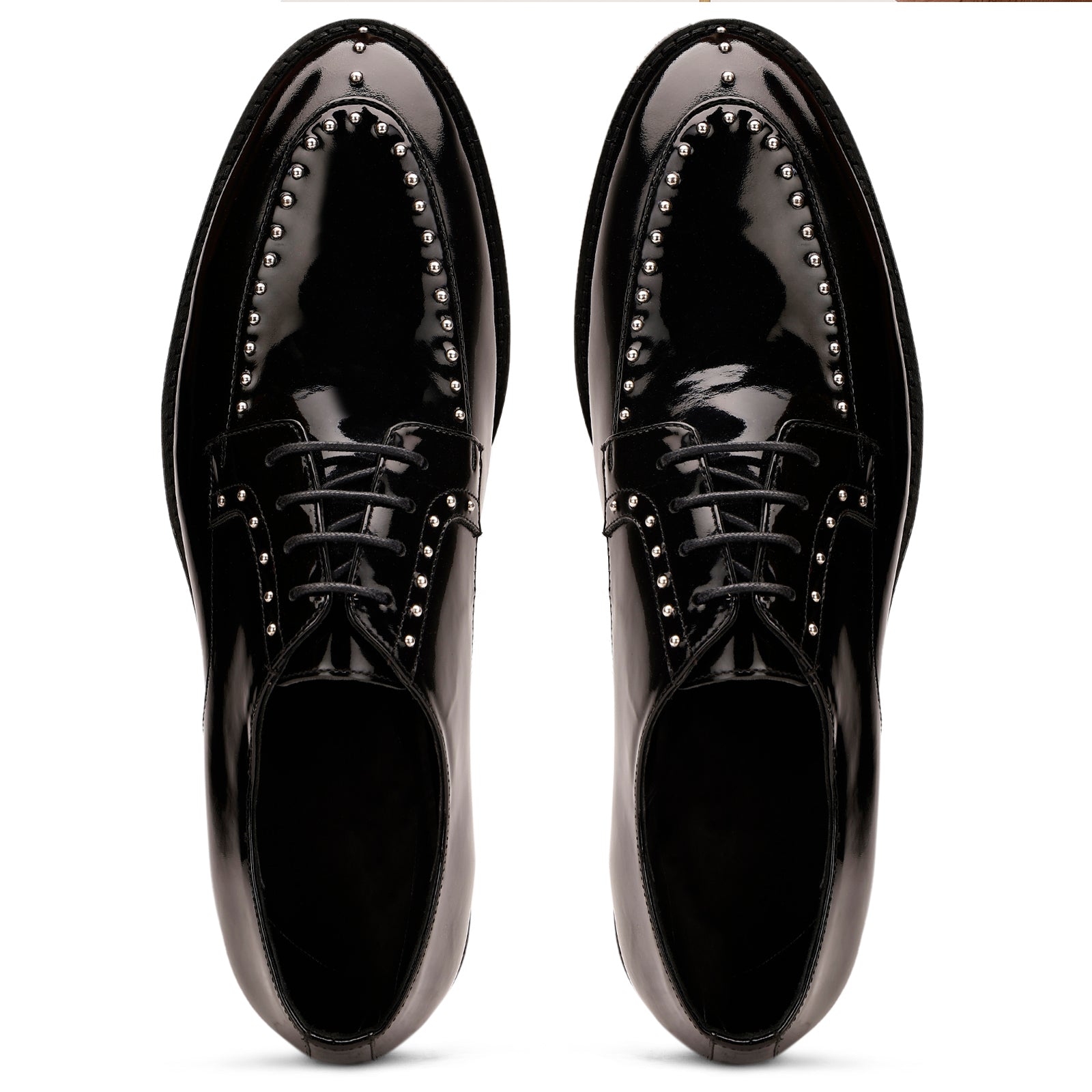FRONK ROYALE Midnight Ember Stud Black Patent Derby Shoes - Black handcrafted leather derby shoes for men, view 4