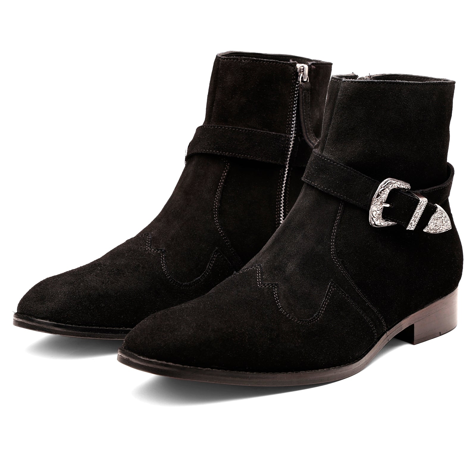 FRONK ROYALE Nocturne Buckle Black Suede Zipper Boots - Black handcrafted leather zipper boots for men, view 1