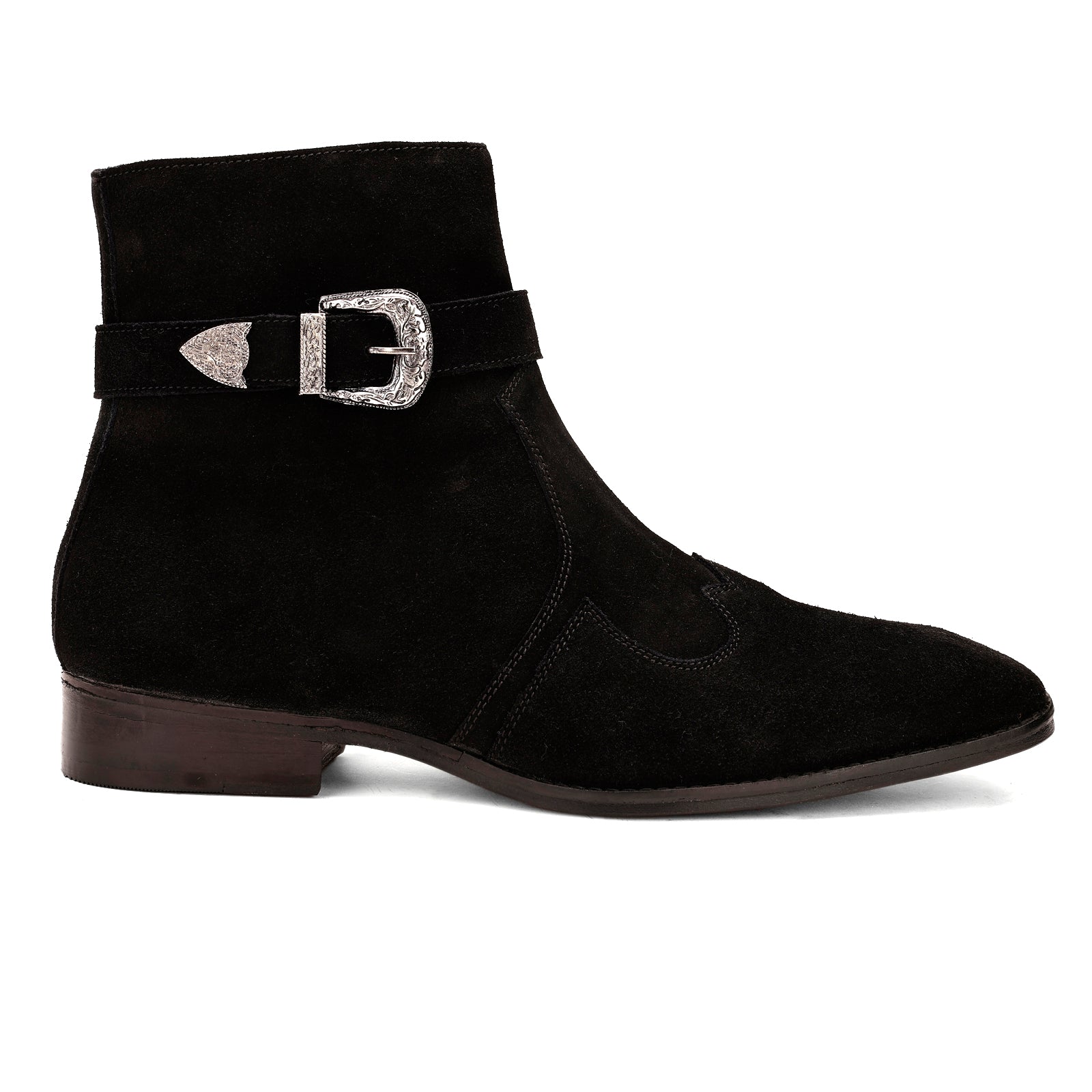 FRONK ROYALE Nocturne Buckle Black Suede Zipper Boots - Black handcrafted leather zipper boots for men, view 3