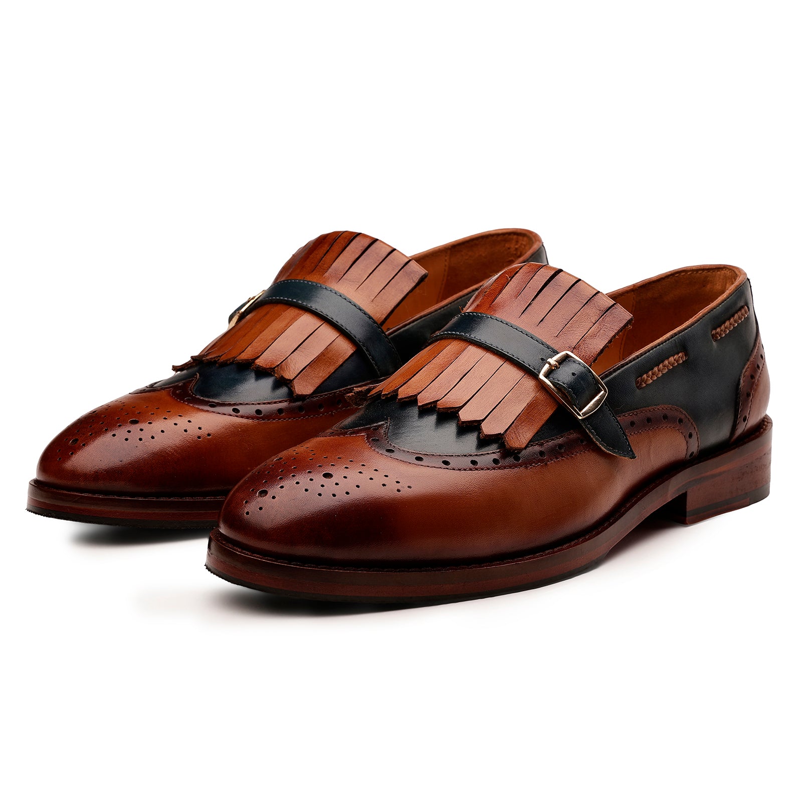 FRONK ROYALE Regent Wingtip Kiltie Strap Loafers - Tan Brown handcrafted leather loafers for men, view 1