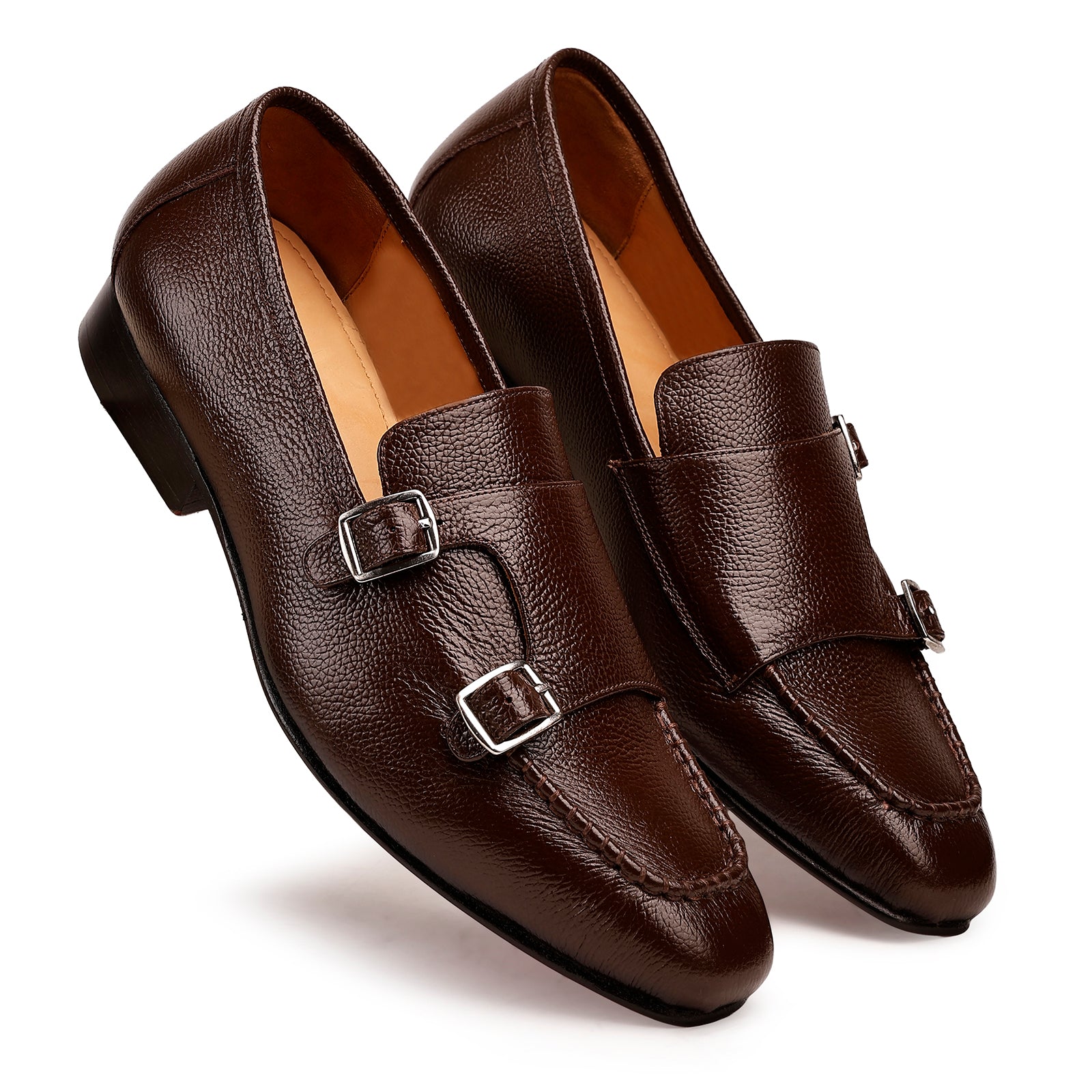 FRONK ROYALE Brown Double Monk Strap Shoes in Milled Leather - Brown handcrafted leather monk strap shoes for men, view 6