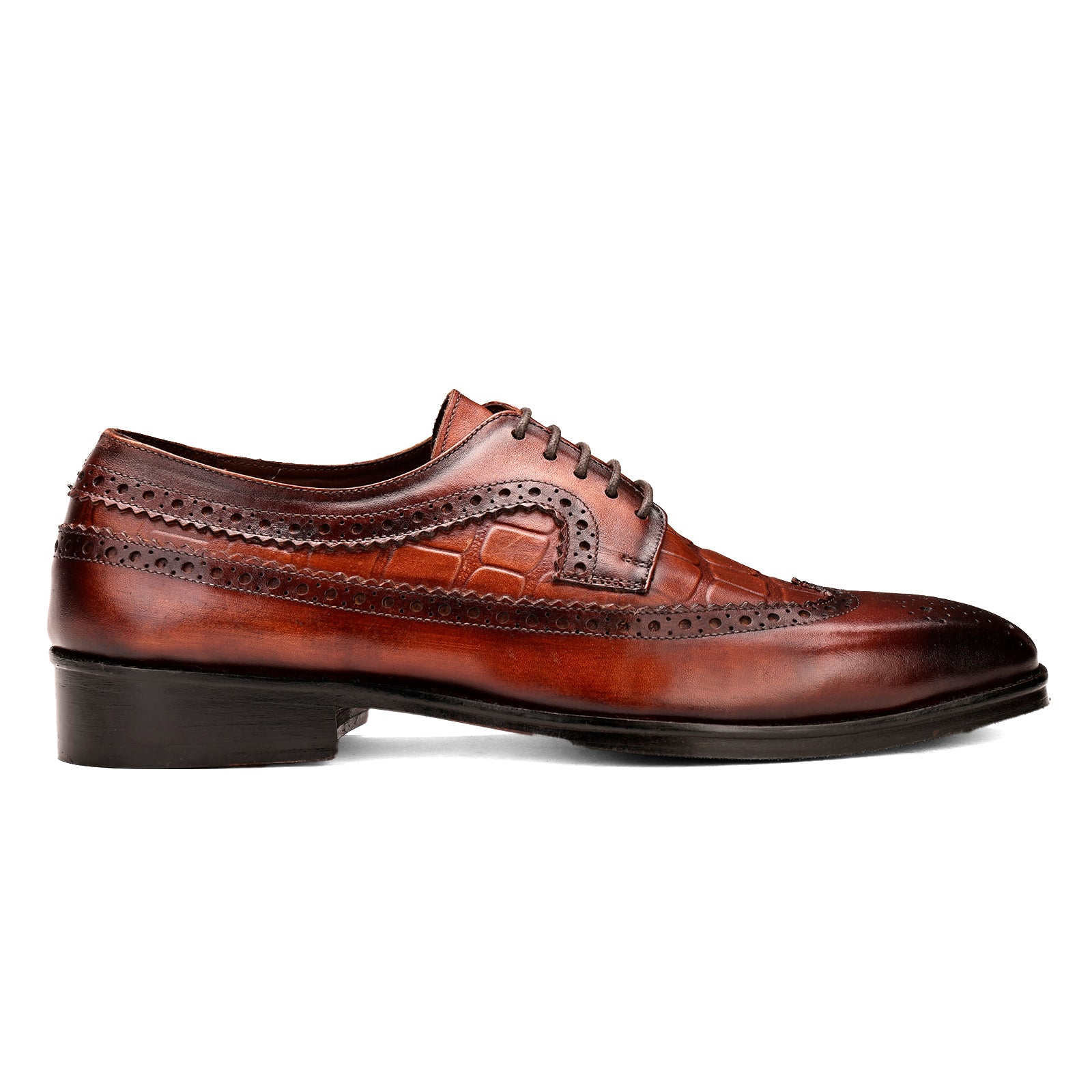 FRONK ROYALE Burnished Croc Wingtip Brown Derby Shoes - Burnished Brown handcrafted leather derby shoes for men, view 3