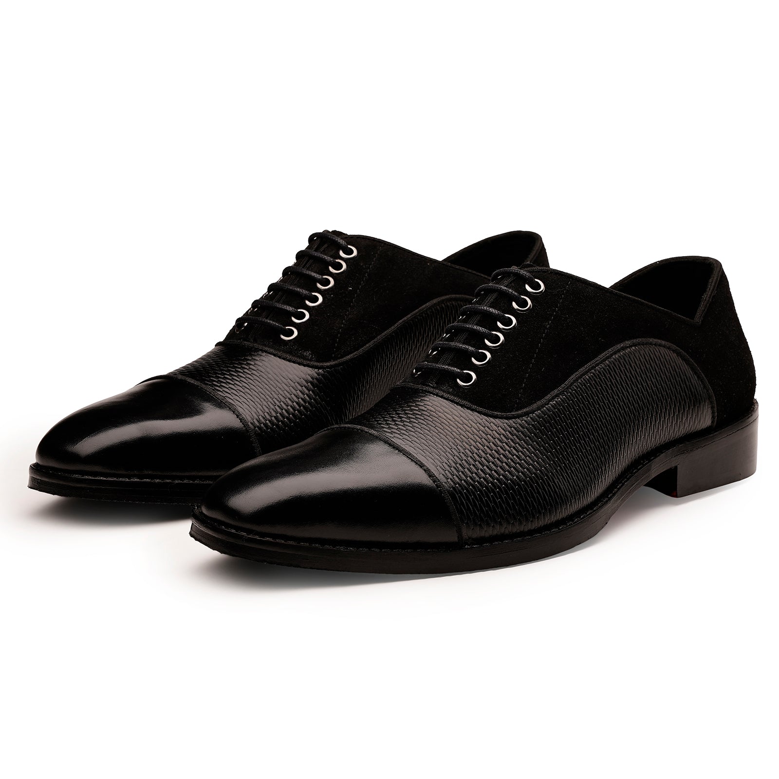 FRONK ROYALE Midnight Texture Cap Toe Oxford Shoes - Black handcrafted leather oxford shoes for men, view 1