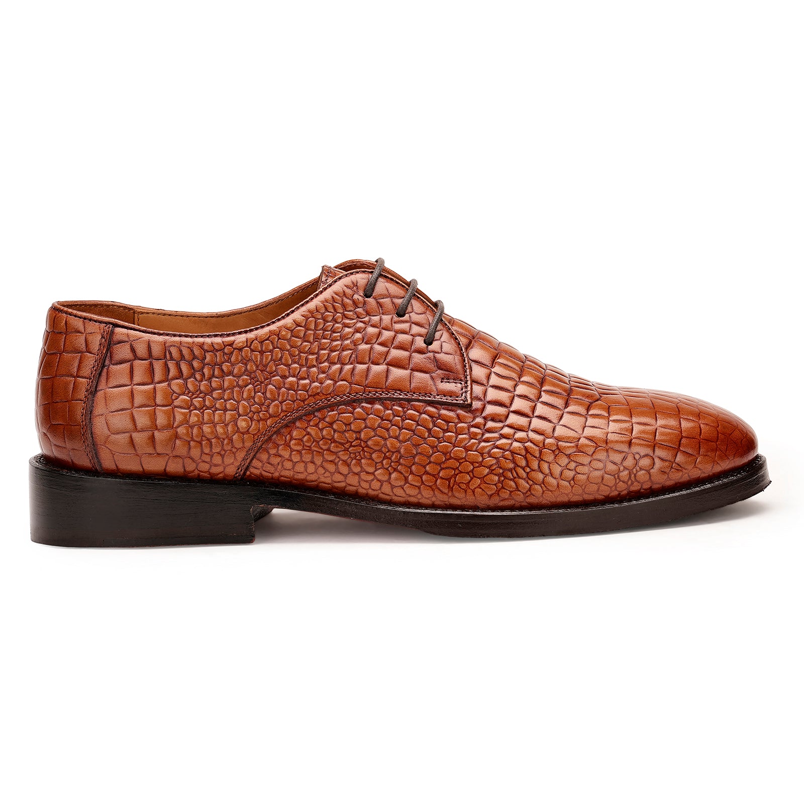 FRONK ROYALE CrocCraft Croc-Pattern Derby Shoes - Brown handcrafted leather derby shoes for men, view 3