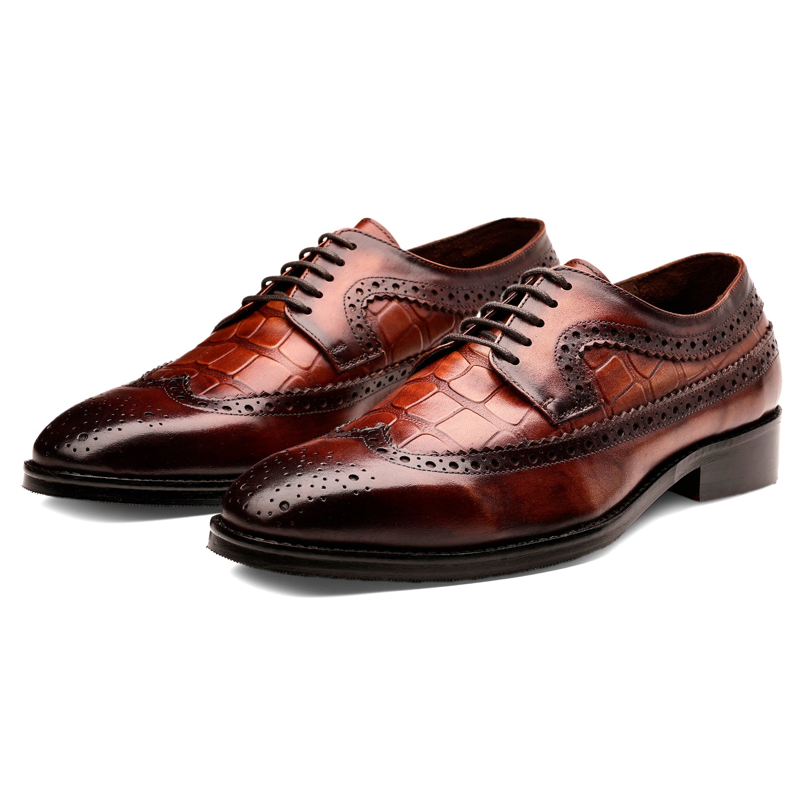 FRONK ROYALE Burnished Croc Wingtip Brown Derby Shoes - Burnished Brown handcrafted leather derby shoes for men, view 1