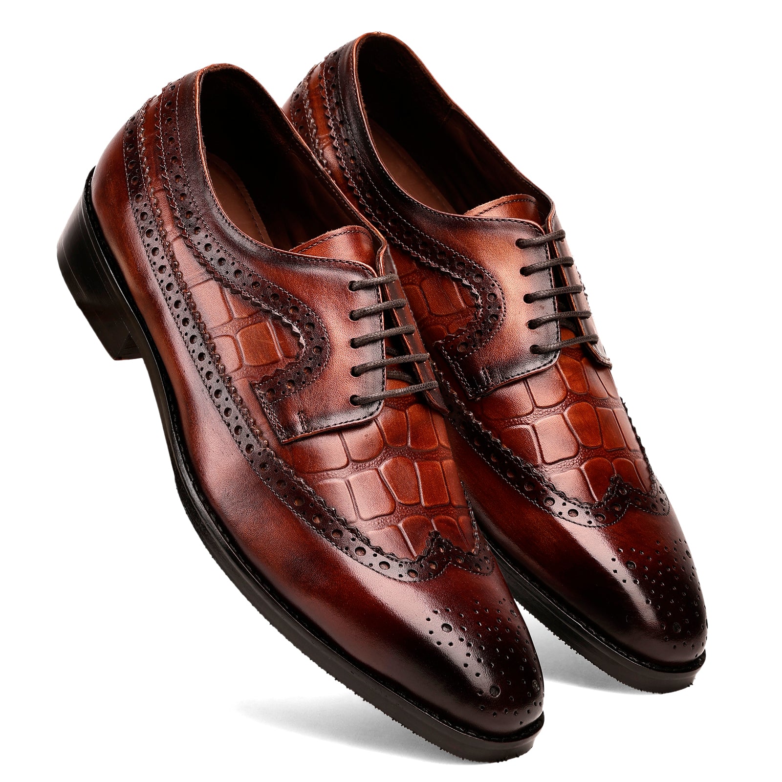 FRONK ROYALE Burnished Croc Wingtip Brown Derby Shoes - Burnished Brown handcrafted leather derby shoes for men, view 6