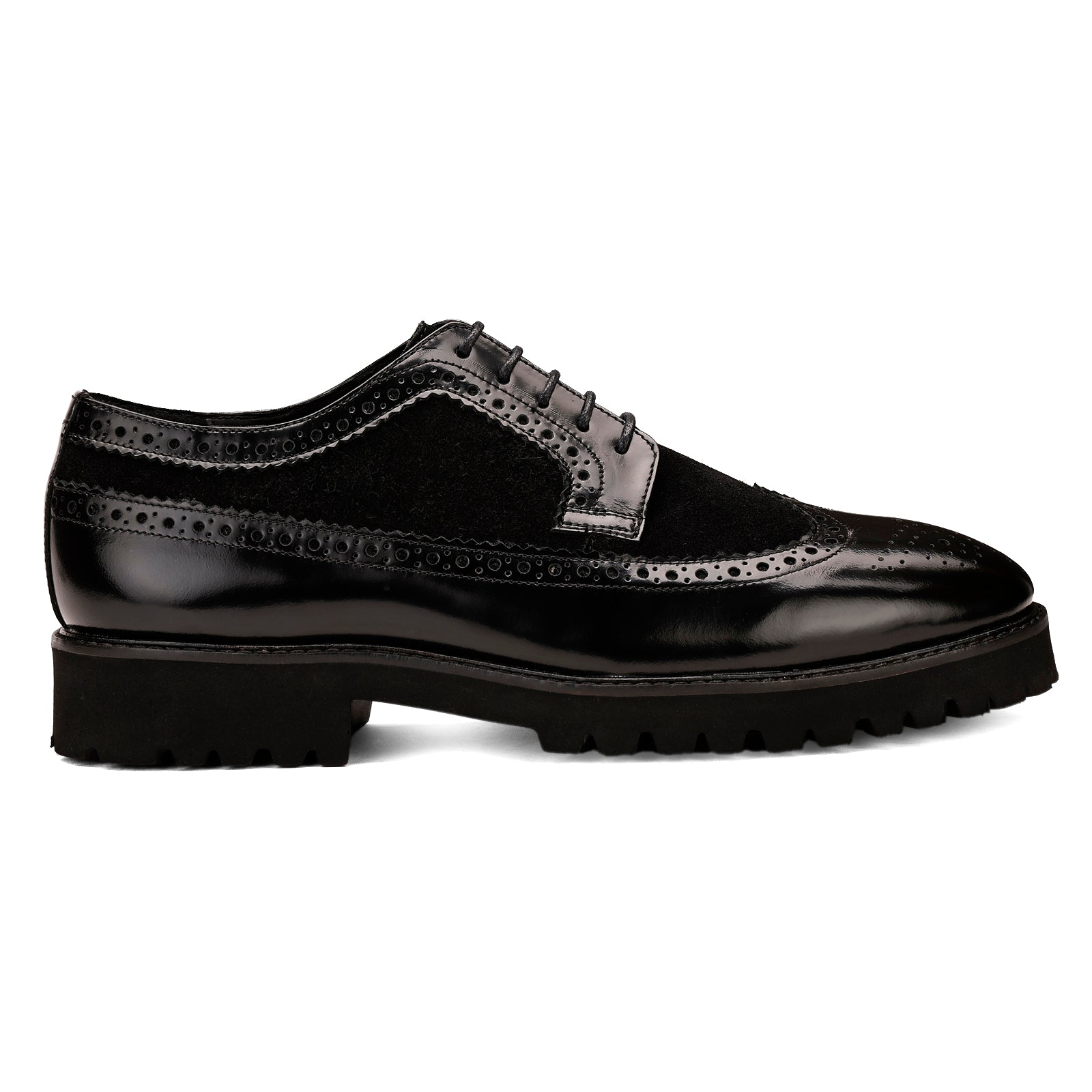 FRONK ROYALE Eclipse Suede Wingtip Black Derby Shoes - Black handcrafted leather derby shoes for men, view 3