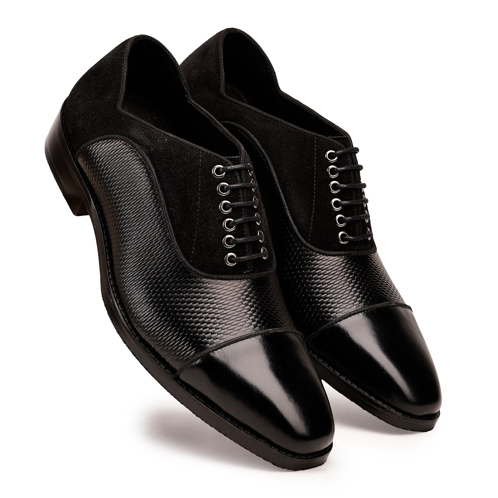 FRONK ROYALE Midnight Texture Cap Toe Oxford Shoes - Black handcrafted leather oxford shoes for men, view 6