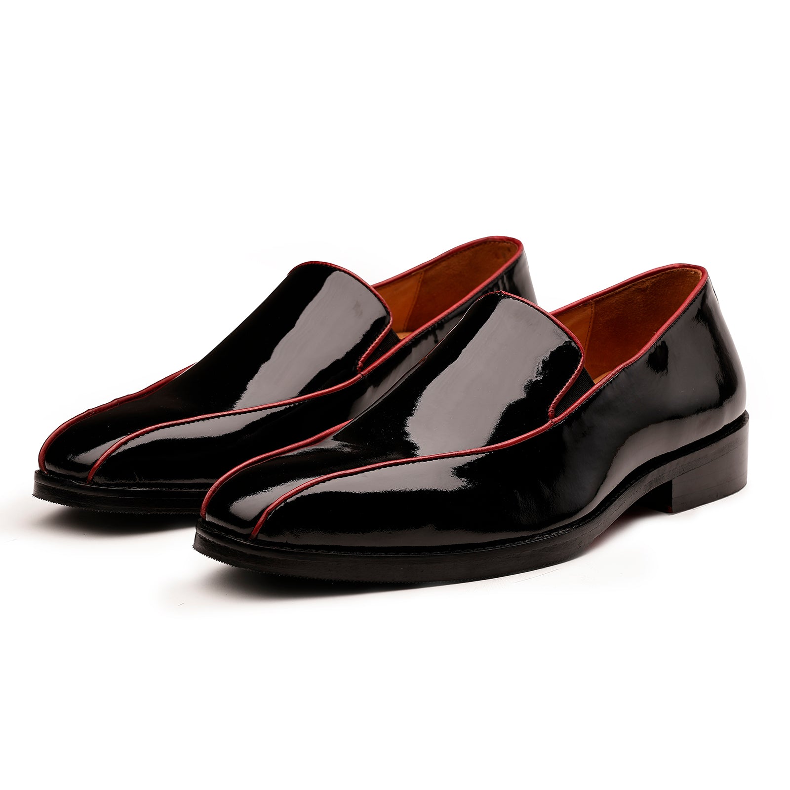 FRONK ROYALE Crimson Edge Black Patent Slip-On Shoes - Black handcrafted leather slip-on shoes for men, view 1