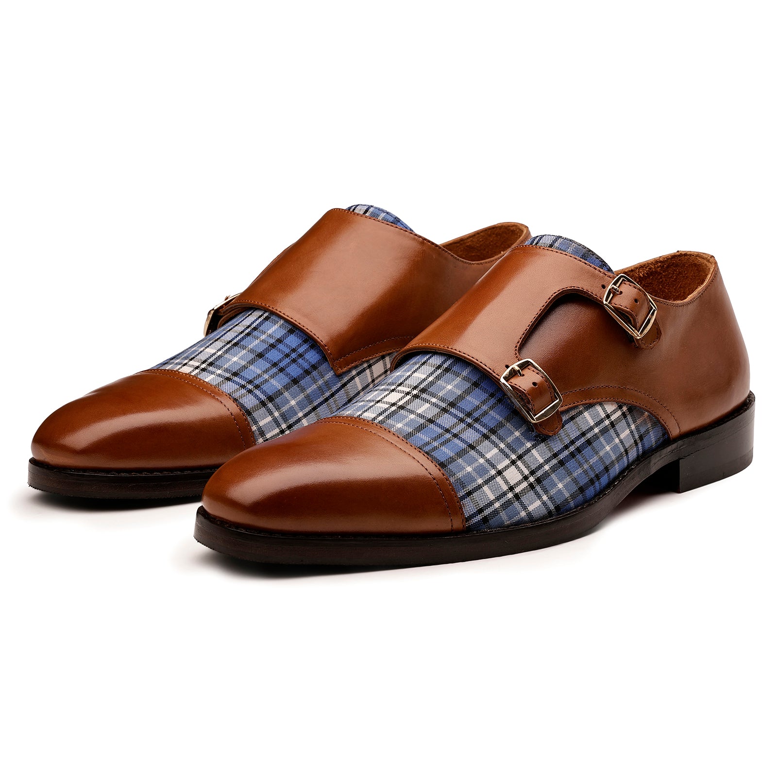 FRONK ROYALE Heritage Check Brown Double Monk Strap Shoes - Brown handcrafted leather monk strap shoes for men, view 1