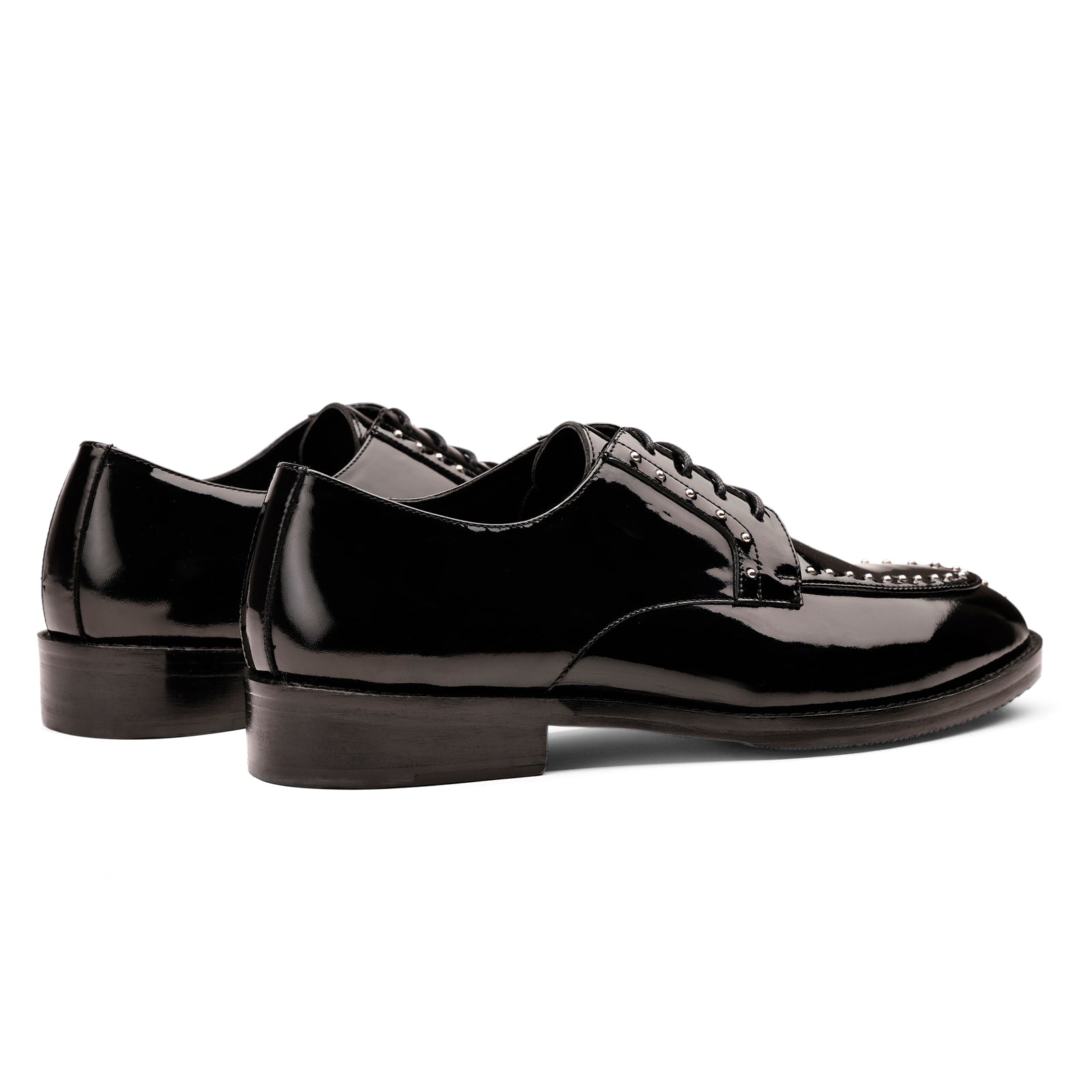 FRONK ROYALE Midnight Ember Stud Black Patent Derby Shoes - Black handcrafted leather derby shoes for men, view 2