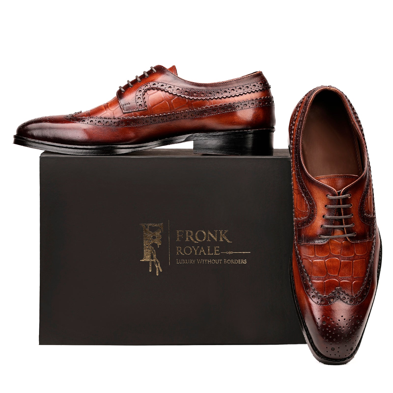 FRONK ROYALE Burnished Croc Wingtip Brown Derby Shoes - Burnished Brown handcrafted leather derby shoes for men, view 7