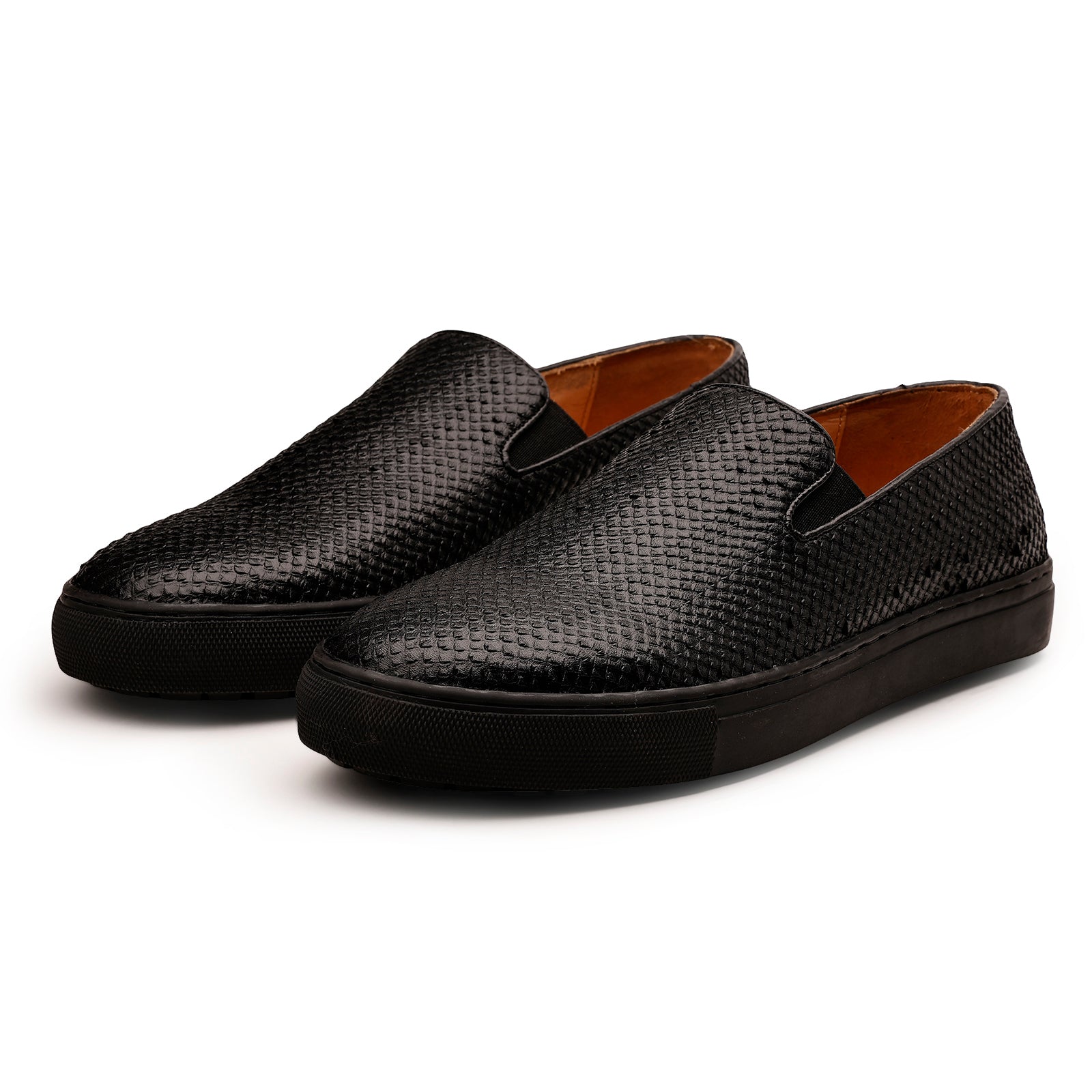 FRONK ROYALE Black Woven Slip-On Shoes with Sneaker Sole - Black handcrafted leather slip-on shoes for men, view 1